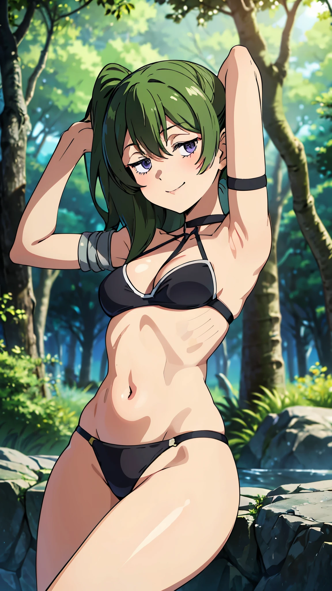 masterpiece, anime artstyle, highres, solo, 8k, detailed, perfect face, (ultra high quality), looking viewers, collar bones, armpit, small breast, cleavage, green hair, violet eyes, belly, stomach, navel, mini short, slim body, smile, blush, thigh, background in forest 