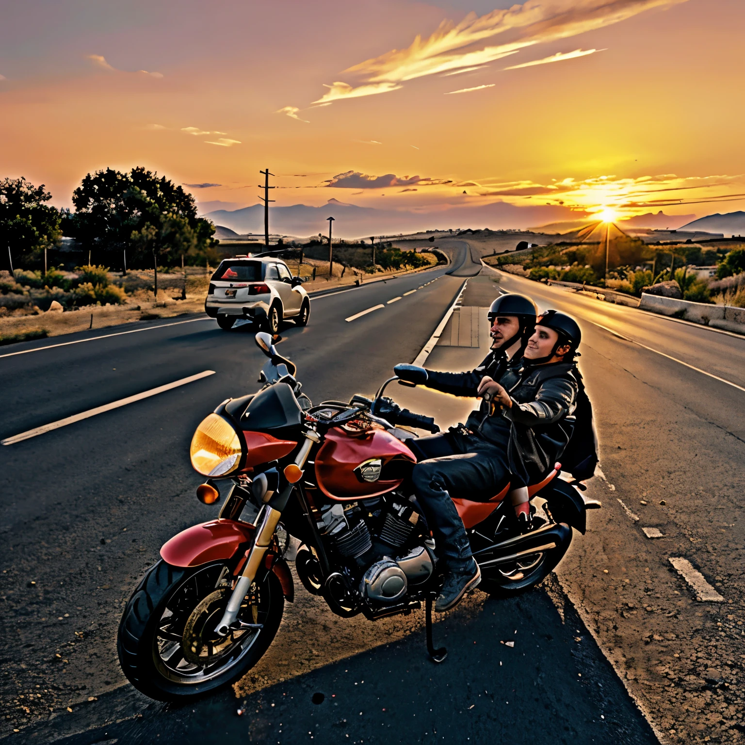 2 perritos en moto, conduciendo en una carretera, en un atardecer 