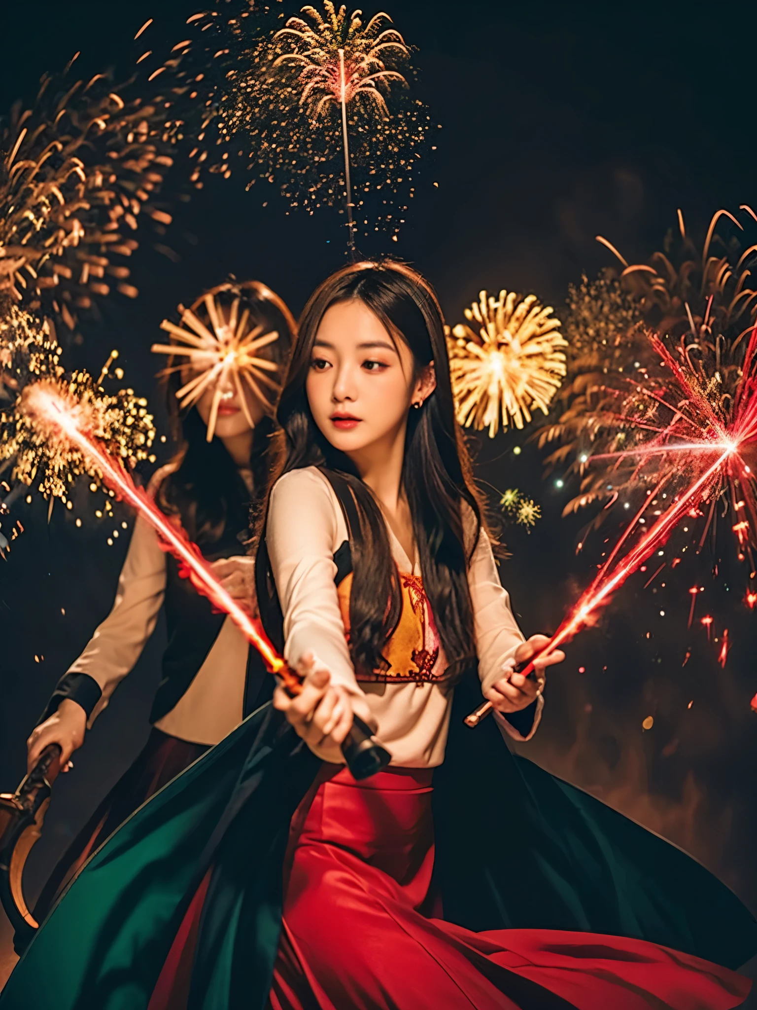 Four kawai girls,beautiful japanese girl,long hair, taking a shotgun, and a dragon fire background,behind her and colorful particle effects that shift towards red laser in the style of hyperrealistic photography, capturing every intricate detail, intense facial expression, Canon EOS R5, photorealistic 50mm, fantasy-inspired