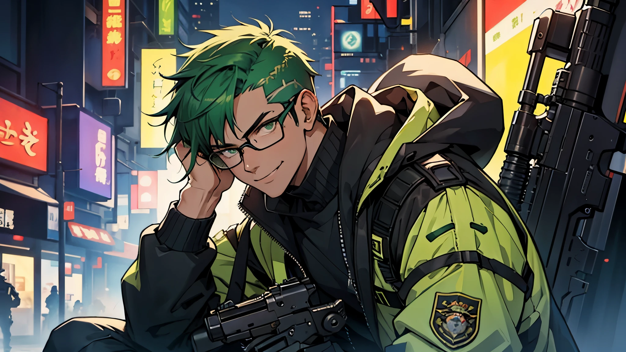 1 person, Tactical Jacket, tactical clothing, green hair, smile, anime, cyber punk, machine gun, Glasses, male, battle, Assault Rifle QBZ, Tactical gear, sitting, Rifle in hand, shoot a gun, fierce battle, whole body, skin fang, short hair, Hyperrealism, Realism, motion lines, UHD, ccurate, best quality, 8k, super detail, high details, anatomically correct, masterpiece