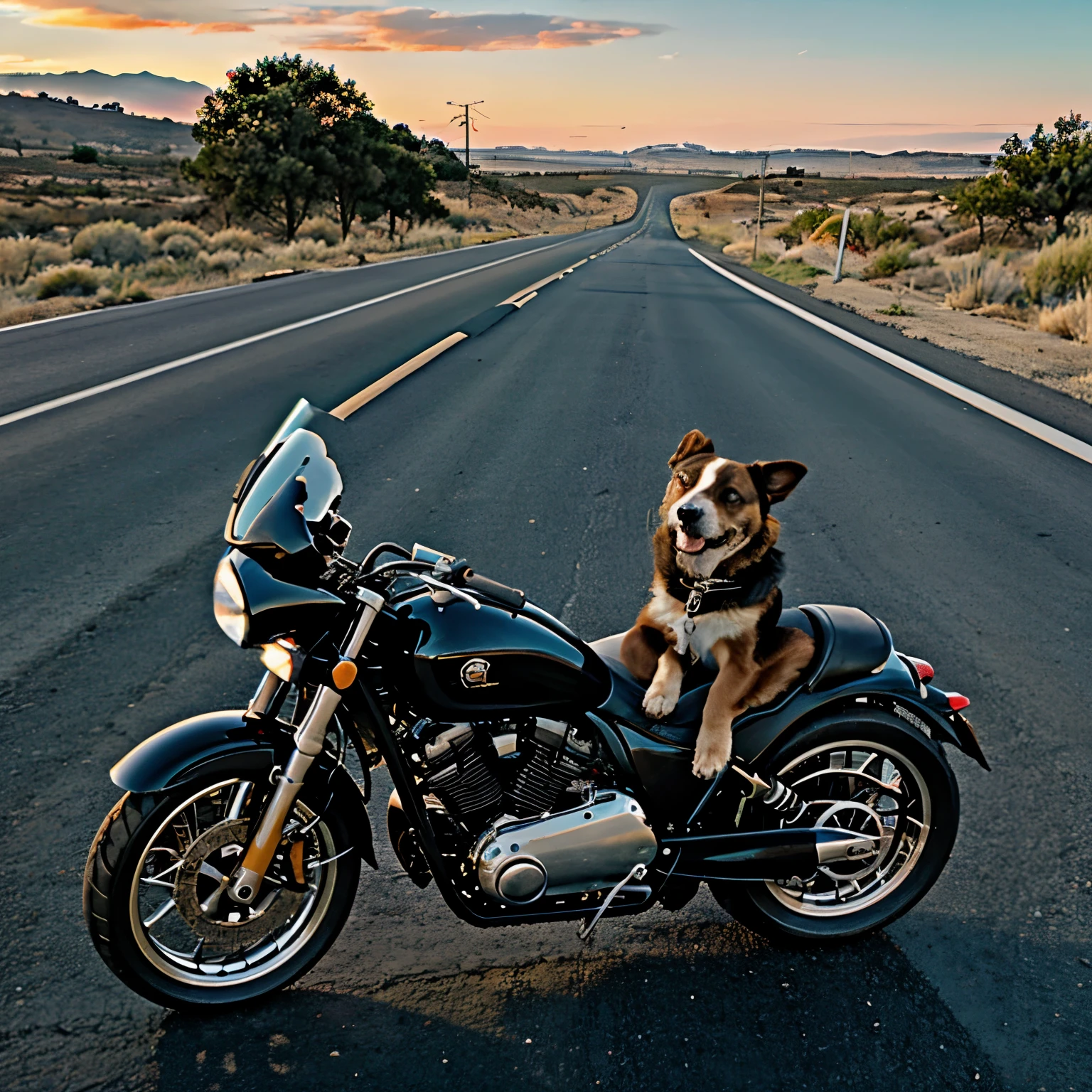 2 perritos en moto, conduciendo en una carretera, en un atardecer 