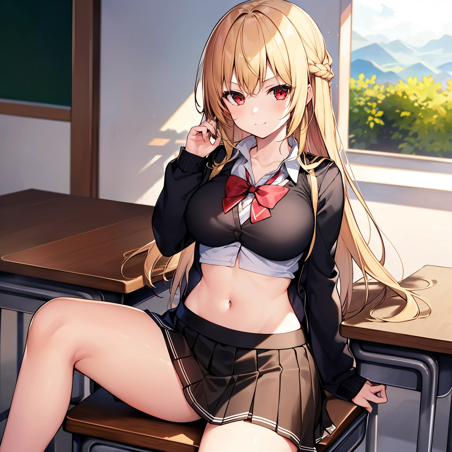 1girl in, Solo, perfect bodies, (top-quality:1.5), masutepiece, nffsw、Shaders、Brilliant Textured Work、hi-school girl、a blond、(Black School Uniform:1.5)、(Black flared skirt:1.5)、Navel、Attractive red eyes、An inviting smile、Sitting at a desk、Skinny Legs、You can see the valley、large full breasts、length hair、Straight hair、Raw feet、Ribbon on uniform、serious faces、break、sharp eye、(gals:1.5)、sun burn、Wearing a uniform、Cardigan on the waist、showing pussy