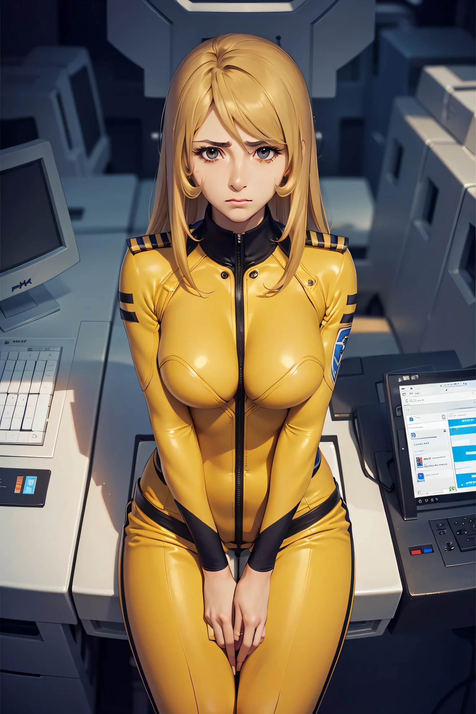 (table top, highest quality:1.2), (cowboy shot:1.1), alone, 1 girl, (middle-aged man wearing a suit:1.1),(sexual harassment:1.2), slight smile,upset,fear, closed mouth, looking at the viewer, blonde hair, thigh gap,  (yellow bodysuit with zipper removed:1.1), perfect for your skin, perfect body, transaction machine, from the front, (spread your legs:1.3), thigh gap, perfect hands, Inside a dark spaceship,clinic, All yellow clothes、serious face、Also々expression、lean your body、rib cage、perspective from above