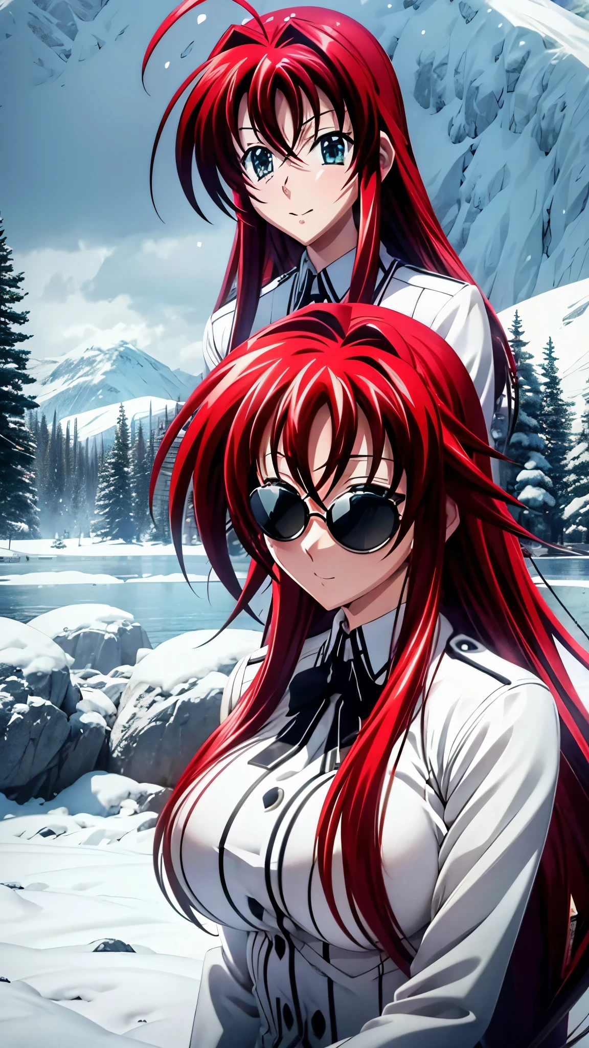 Rias gremory, ahoge, Winter clothes, Round sunglasses, Alaska snowing deep, Snowing a lot, Very cold