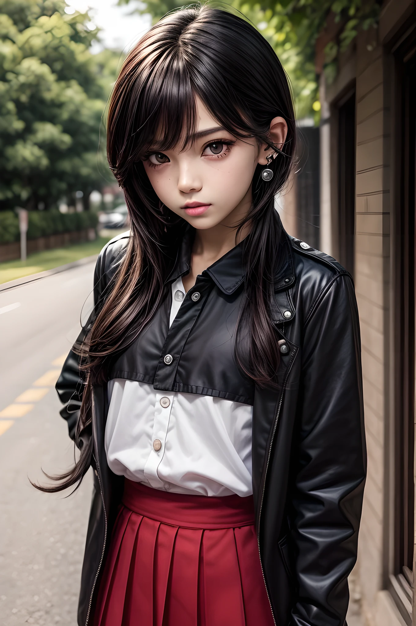 1 garota, 1 , chifres, uniforme escolar, Orelhas pontudas, basic, brincos, serafuku, joia, fundo branco, tronco, olhos vermelhos, demon basic, demon chifres, demon boy, fundo simples, BACK TO BACK, olhos rosa, parted lips, serafuku preto, cabelo castanho, demon girl, cabelo preto, olhando para o espectador, cabelo longo, gakuran