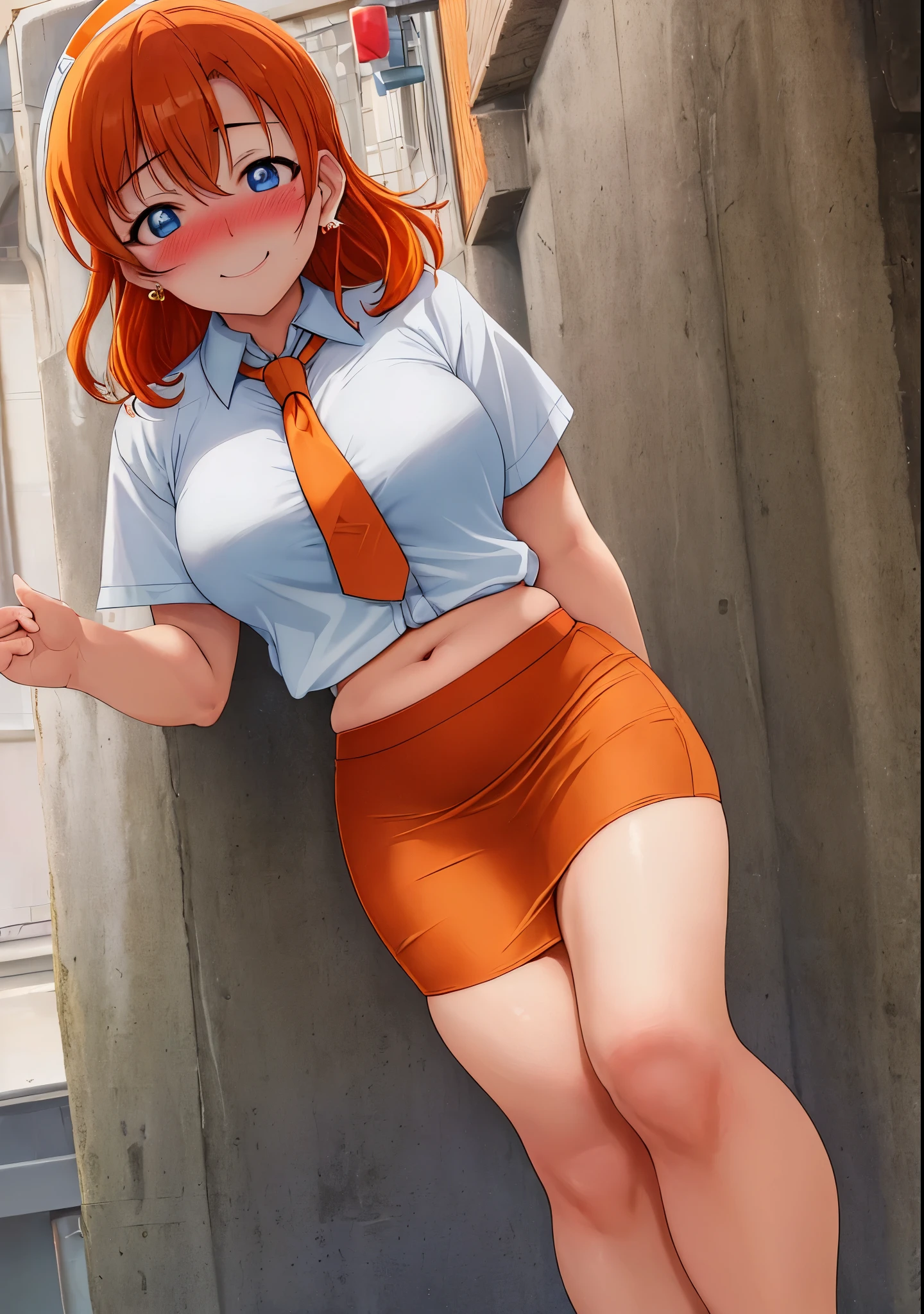 Masterpiece, best quality, (detailed face), kousaka honoka, curvy body, blue eyes, smile,orange hair, (embarrassed:1.2) ,white shirt,half sleeves,earrings, pencil skirt, midriff, necktie , standing,police cap,in street,looking at viewer, cowboy shot, thighs ,1980s \(style\)