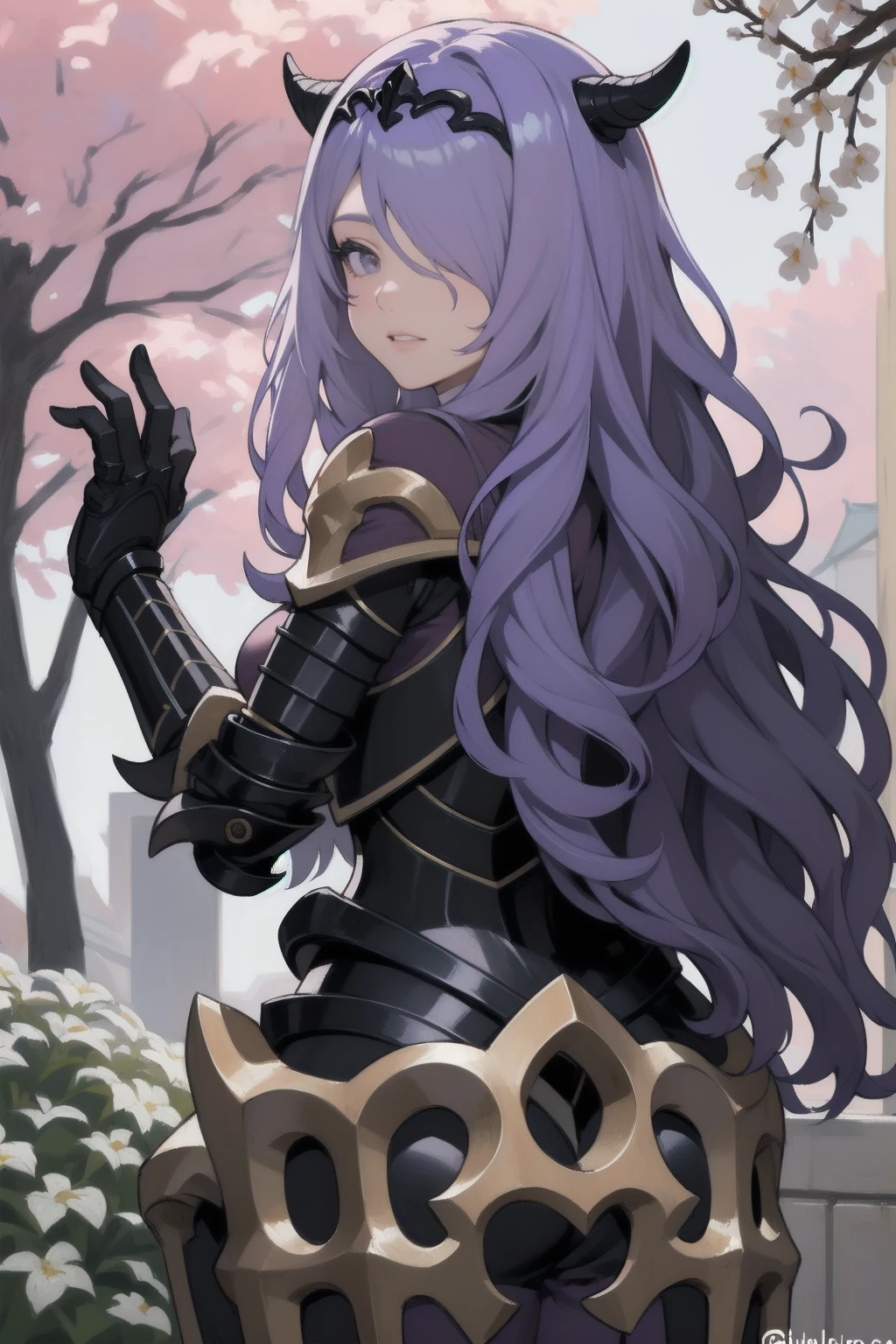 { - anatomy error}(Masterpiece - Ultra-detailed, very high resolution)masterpiece, best quality, defCamilla, tiara, armor, gloves, gauntlets, full armor, whole body, extended arm, garden, smile, tired, looking at the viewer, lilac hair, backwads, looking back, dinamic poses