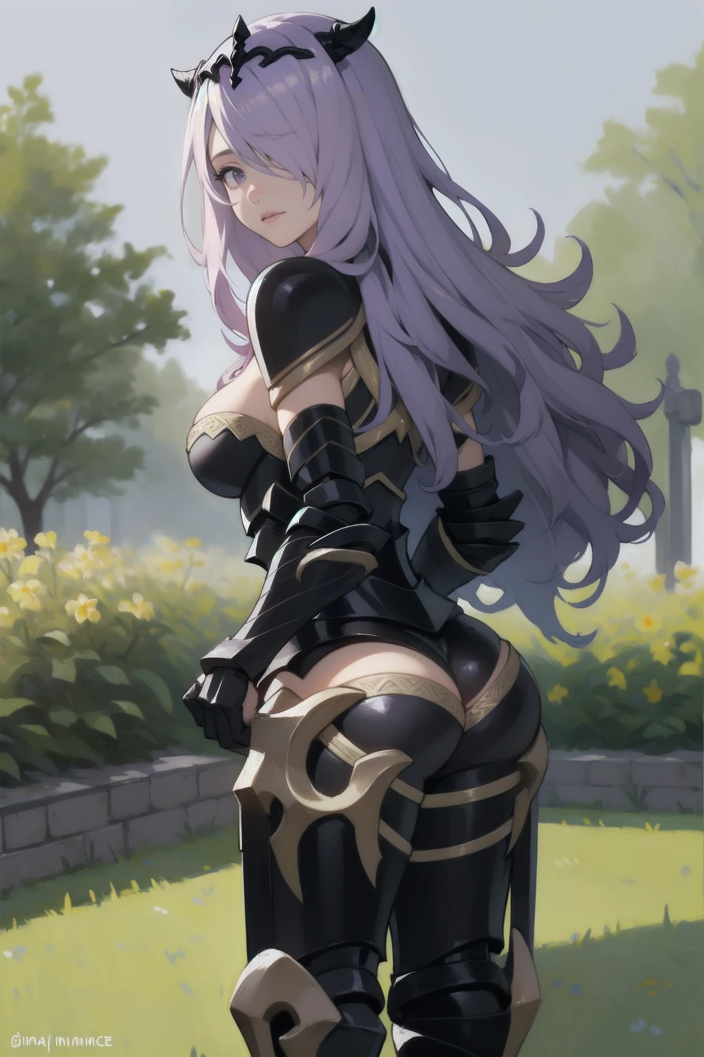 { - anatomy error}(Masterpiece - Ultra-detailed, very high resolution)masterpiece, best quality, defCamilla, tiara, armor, gloves, gauntlets, full armor, whole body, extended arm, garden, smile, tired, looking at the viewer, lilac hair, backwads, looking back, dinamic poses