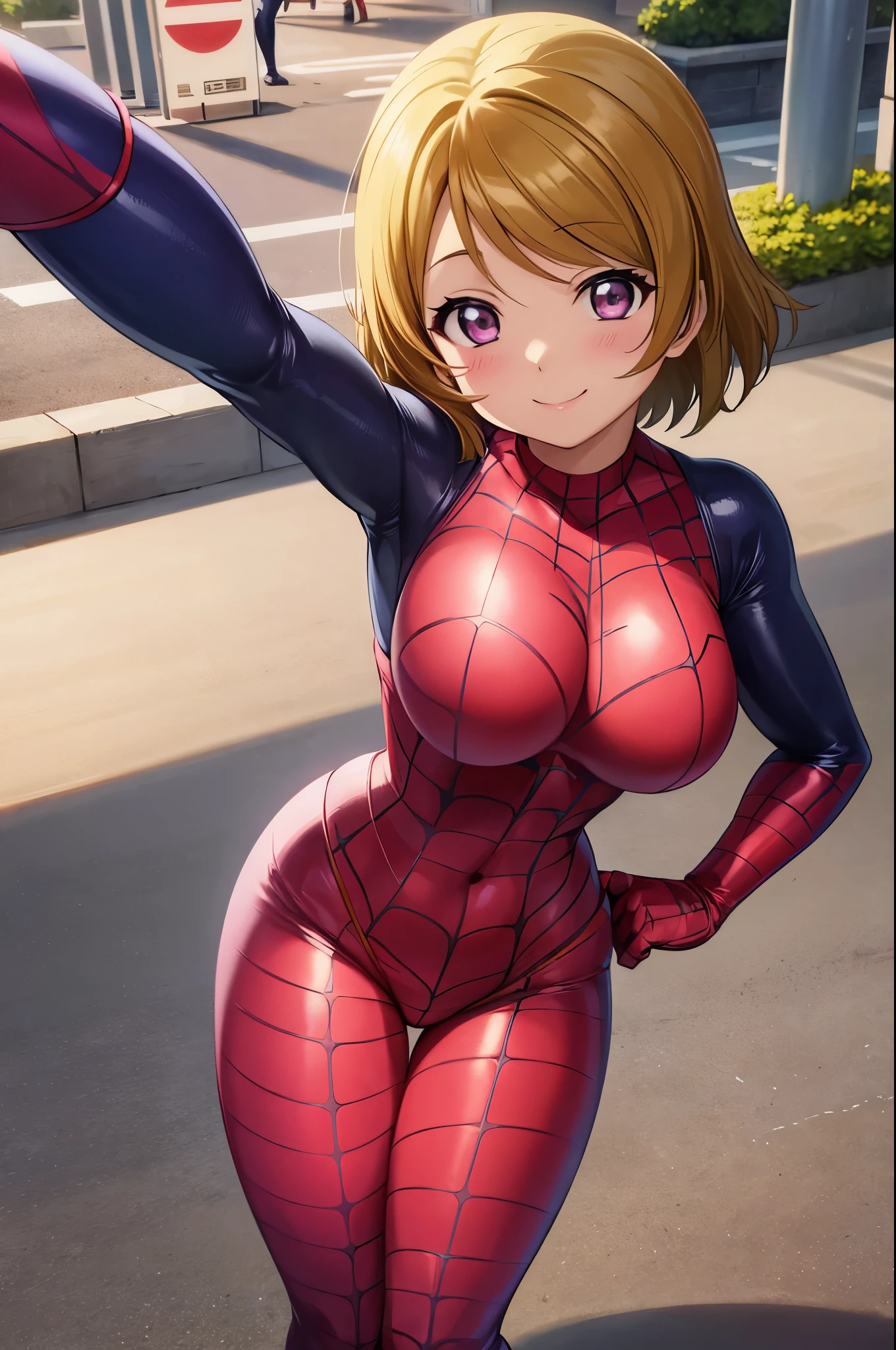 koizumi hanayo, (tight bodysuit:1.2), Spiderman custom , standing , cowboy shot, curvy body, thicc, smile ,in street , standing,hand on hip 