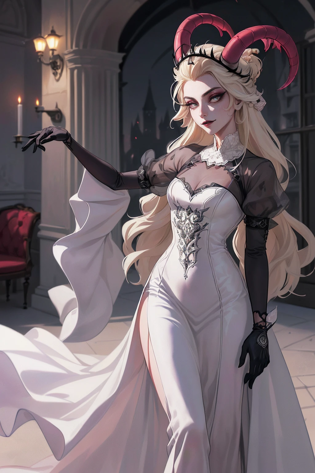 (Lilith:1.2), (grey/gray skin, grey sclera, long blonde hair, white iris, demon horns, makeup), (DefaultOutfit:1.2), (long dress, sleeves, gloves, black dress:1.5), (castle, inside a castle, Victorian theme), (realistic:1.2), (masterpiece:1.2), (full-body-shot:1),(Cowboy-shot:1.2), neon lighting, dark romantic lighting, (highly detailed:1.2),(detailed face:1.2), (gradients), colorful, detailed eyes, (detailed landscape:1.2), (natural lighting:1.2), (powerful pose:1.2), (solo, one person, 1girl:1.5), lilith, hazbin , black dress, perfect fingers, walking, dancing, laughing