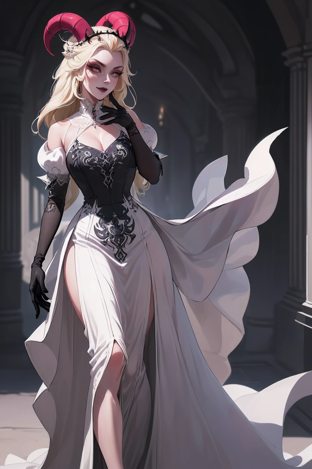 (Lilith:1.2), (grey/gray skin, grey sclera, long blonde hair, white iris, demon horns, makeup), (DefaultOutfit:1.2), (long dress, sleeves, gloves, black dress:1.5), (castle, inside a castle, Victorian theme), (realistic:1.2), (masterpiece:1.2), (full-body-shot:1),(Cowboy-shot:1.2), neon lighting, dark romantic lighting, (highly detailed:1.2),(detailed face:1.2), (gradients), colorful, detailed eyes, (detailed landscape:1.2), (natural lighting:1.2), (powerful pose:1.2), (solo, one person, 1girl:1.5), lilith, hazbin , black dress, perfect fingers, walking, dancing, laughing