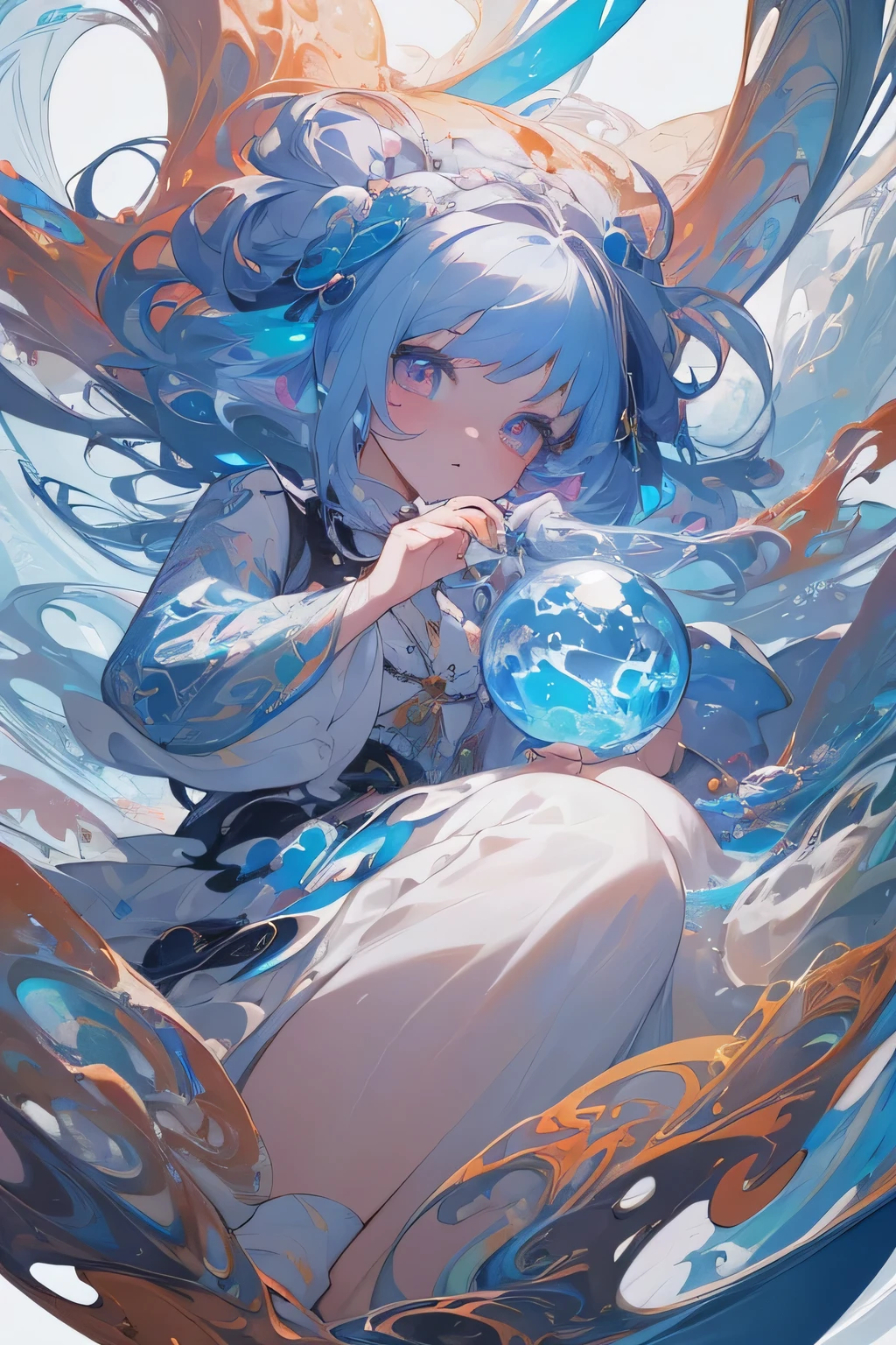 ((SFW)), (best quality,4k,8k, high res,masterpiece:1.2), ((masterpiece)), (((best quality))), slightly muted colors, hair color, hairstyle fax, eyes, clouds, flowy hair, stars in hair, adult, starry eyes, sea, ocean, celestial, hairstyle fax, deity, muted blue hair, sky-like hair with stars, ocean hair, soft smile, (({comforting aura})) (((abstract:0.5, melting elements from the painting, ghostly, transparent))), angel, luminous, bright character, ghostly luminous character, siren, mesmerizing siren
