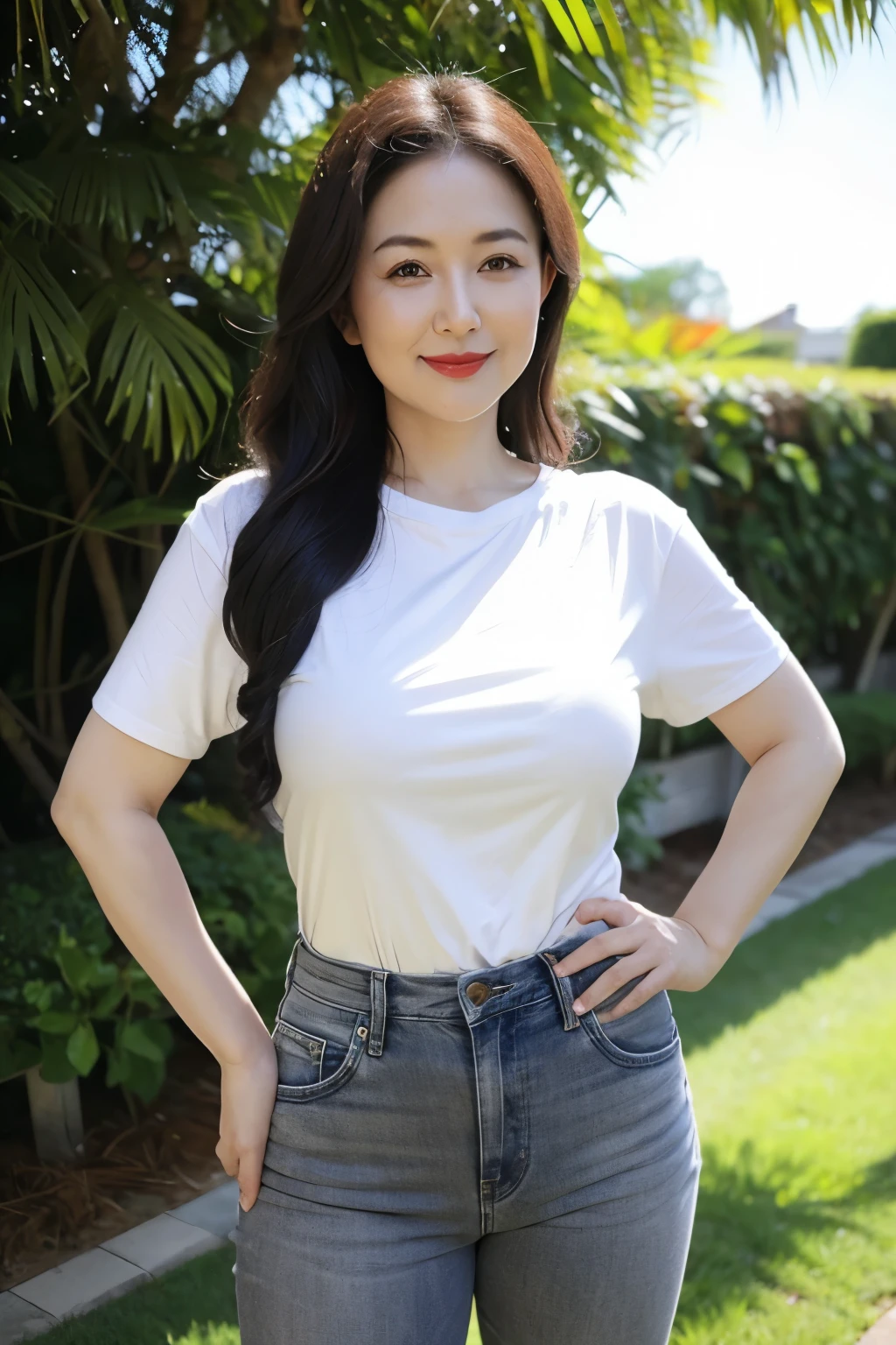 Draw lips correctly, red lipstick, from chest up, best quality, Super detailed, lifelike, Super fine skin, perfect anatomy, (1 日本Mature的女人), (alone)，Wear a white crew neck shirt，short sleeve，Gray jeans，wavy long hair，37-year-old female，Mature，charming smile，garden background，stand，Big breasts，The nipple is not visible，Chubby body，full-body shot。