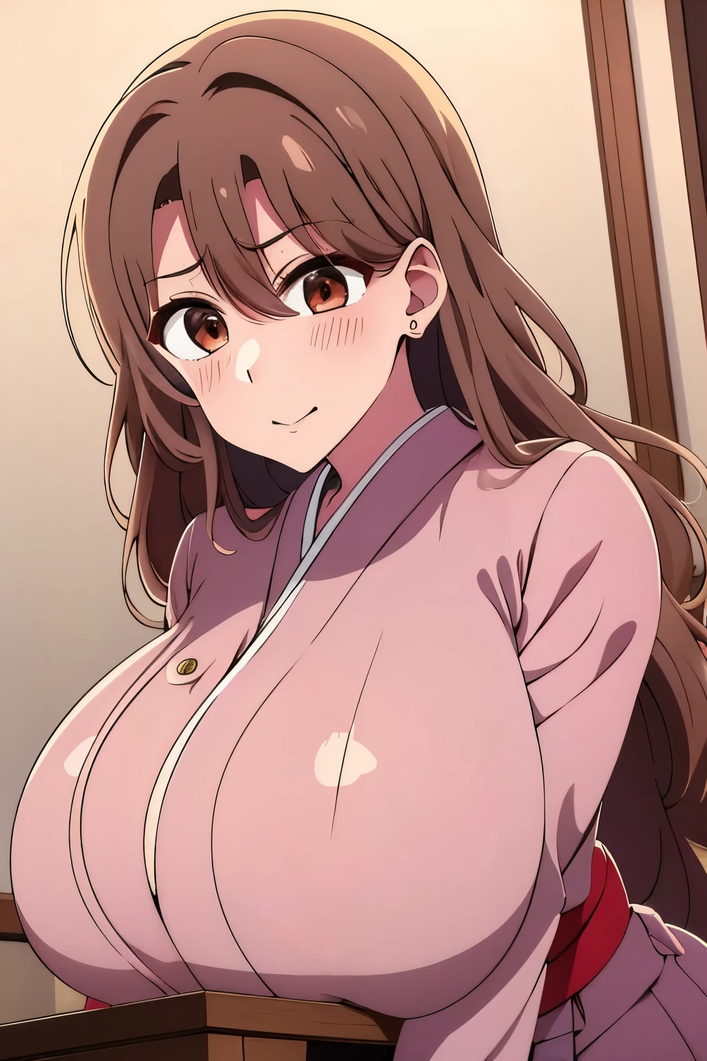 (8k、highest quality、masterpiece)、Taisho Era、japanese kimono、beautiful adult woman、elegant,((Super huge Huge Huge Huge胸)),pensive、boredom、sentimental、suffocate、enlightened smile、brown long hair、braid ponytail、muscle tissue、muscular beauty、muscle beauty、big thighs,超Huge胸,超Huge尻,超Huge太もも