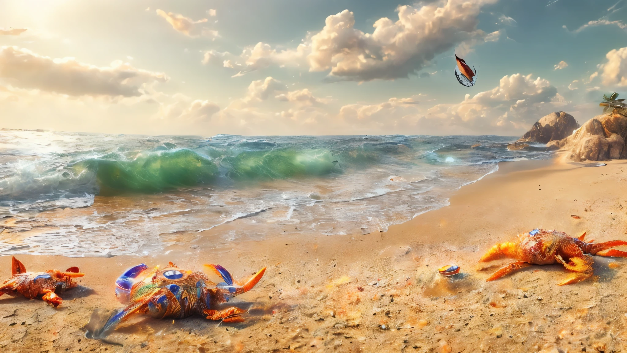 Masterpiece, best quality, 8k, panoramic view, magical scenery, outdoors, day, Beach, Sand that looks like a golden carpet. Sky, cloud, day, without humans, soft sound, waves, Starfish, chatty crabs, noisy seagulls, which filled the environment with their animation.