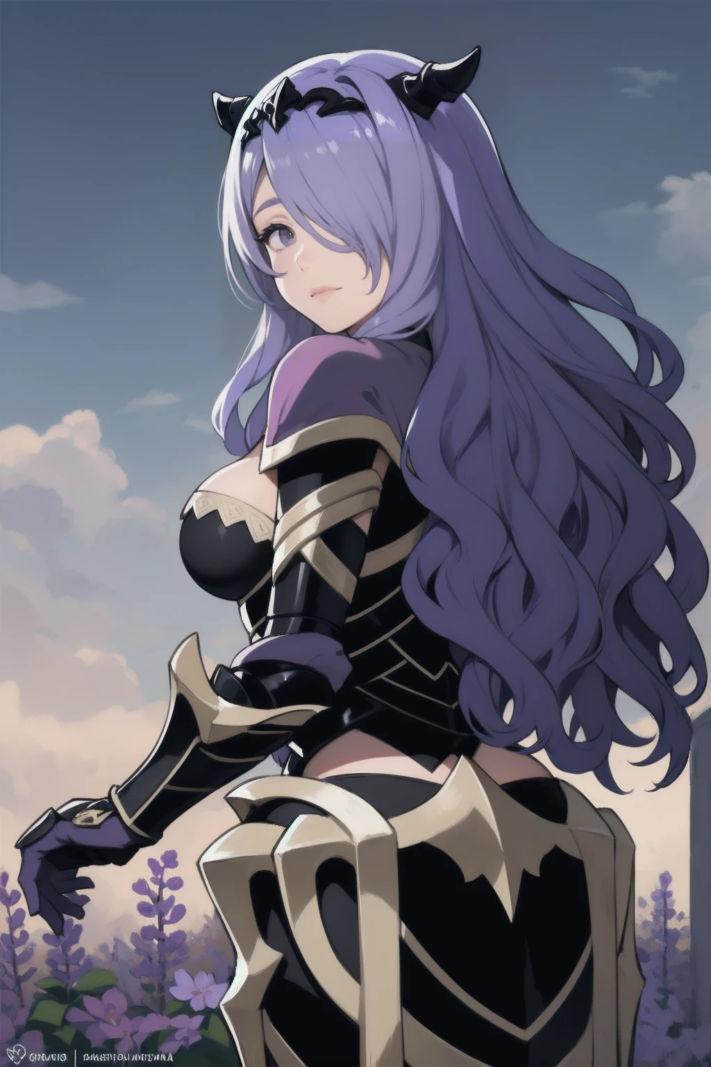 { - anatomy error}(Masterpiece - Ultra-detailed, very high resolution)masterpiece, best quality, defCamilla, tiara, armor, gloves, gauntlets, full armor, whole body, extended arm, garden, smile, tired, looking at the viewer, lilac hair, backwads, looking back, dinamic poses