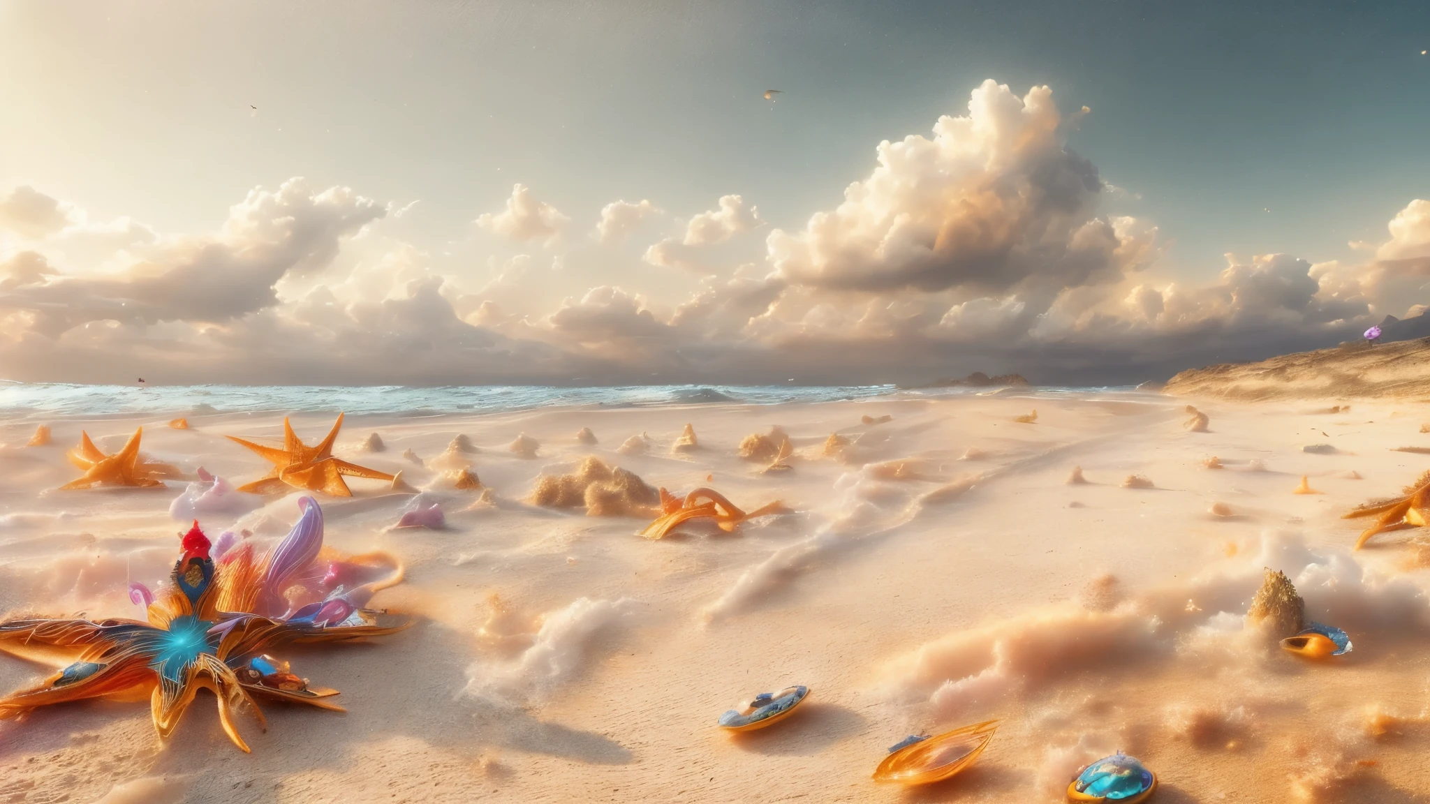 Masterpiece, best quality, 8k, panoramic view, magical scenery, outdoors, day, Beach, Sand that looks like a golden carpet. Sky, cloud, day, without humans, soft sound, waves, Starfish, chatty crabs, noisy seagulls, which filled the environment with their animation.