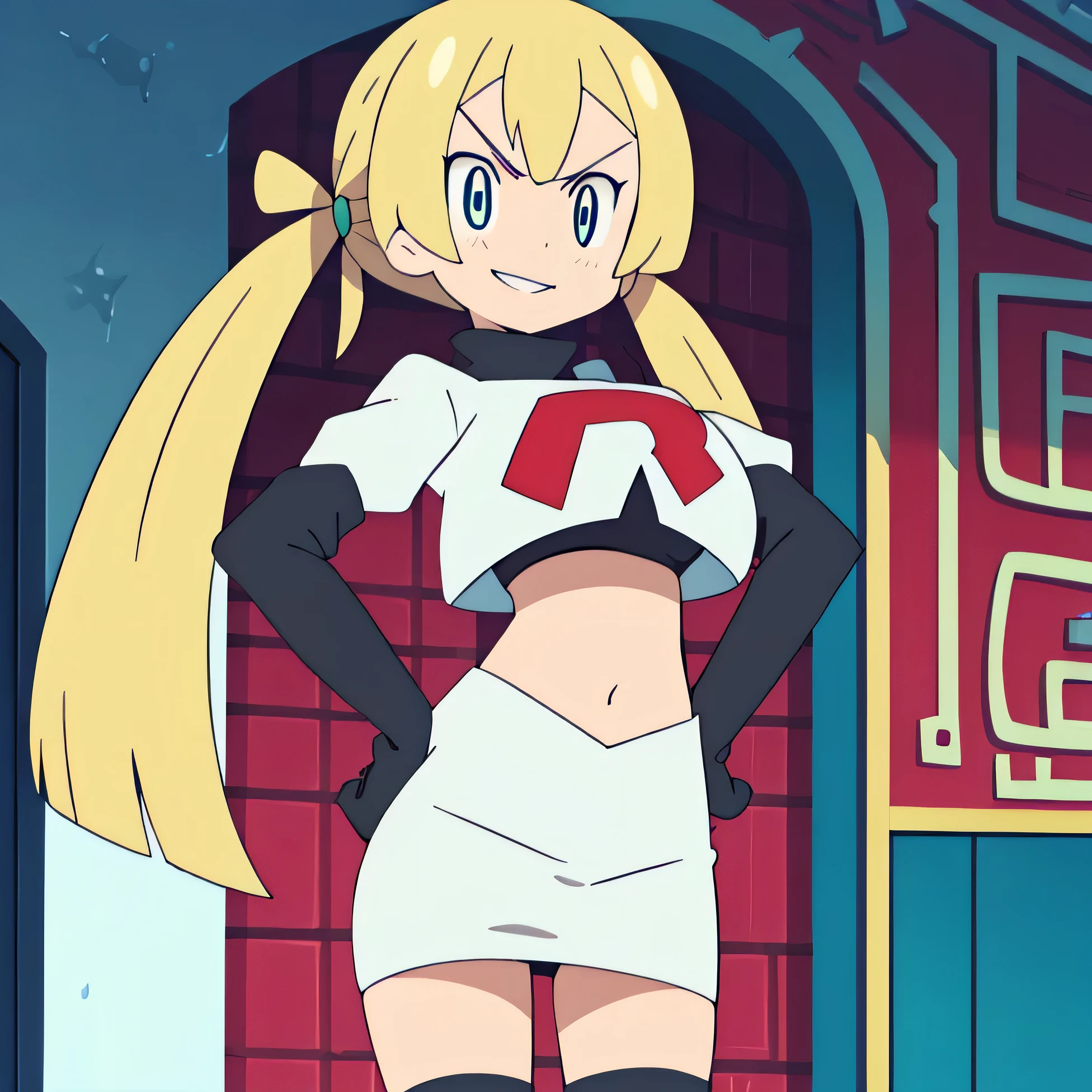 1girl in, Solo, masutepiece, nffsw、Shaders、Brilliant Textured Work、(Evil Organizations:1.5)、(Evil Female Executive:1.2)、a blond、drills twintails、(Black School Uniform:1.3)、(Thin sheer miniskirt:1.3)、Black leather gloves、Jagged teeth、large full breasts、put hands on the hip, Looking here、Hanging、sharp eye、ruby eyes、radiant eyes、Sanpaku eyes、Evil smile, Navel、hand on hip,、Lolita、On the roof of a building,8k, anime screencap,1girl in, (solo:1.1), (perfect body:1.1), (best quality:1.1), very large breast, team rocket uniform, red letter r, white skirt,white crop top,black thigh-high boots, black elbow gloves, glaring angrily, looking down at viewer, hands on hips,zettai ryouiki,cowboy shot