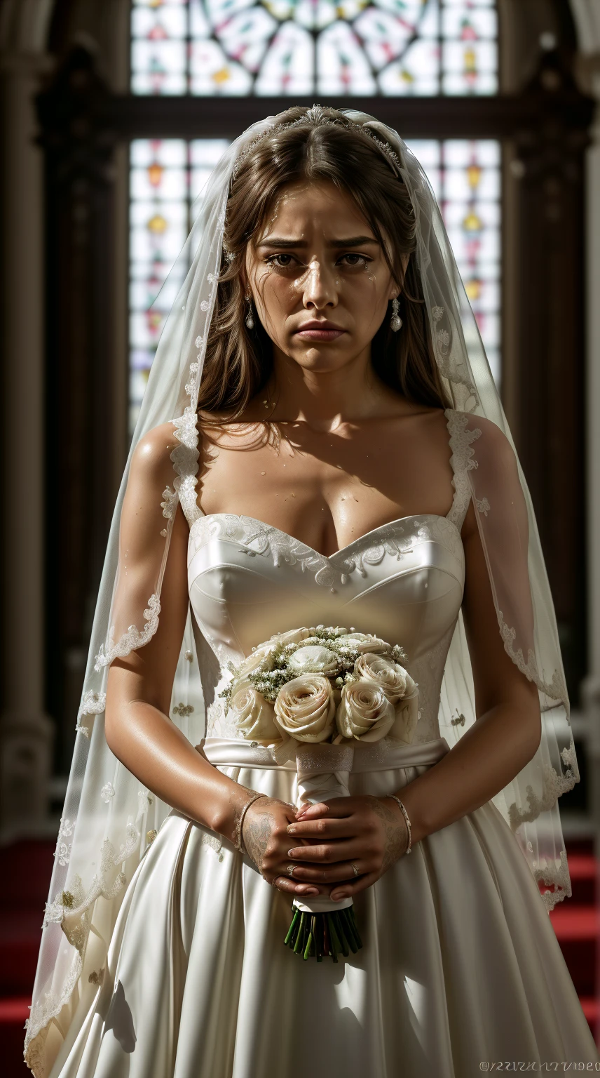 masterpiece, best quality, photorealistic, ultra detailed, fine details, high resolution, 8k wallpaper, professional, high level of detail, (sharp and focused piece, (((full figure shot, visible silhouette of a beautiful girl with a wedding dress))), (( crying on the altar in front of a Christ)), heartbreaking cry, ((("carrying a bridal bouquet in her hands"))), ((hugging him on her chest with sadness" )) on the altar of the church in front of the cross, perfect studio light atmosphere, backlight of church, high depth of field, with a rather shy face, ((("tears in the eyes")), ((eyes watery)), (((tears on cheeks))), fine features, highly detailed skin, (((defined watery eyes))), perfect lip detail, perfect nails, daylight atmosphere, natural light, trend art station, sharp focus on the model, art photography, intricate details, highly detailed neo-impressionist art, perfect composition, complex octane, beautiful and incredibly detailed Detailed rendering of trend art station, 8k, art photography, concept art photorealistic, soft and perfect natural volumetric cinematic light, award-winning photography, masterpiece, oil on canvas, sad