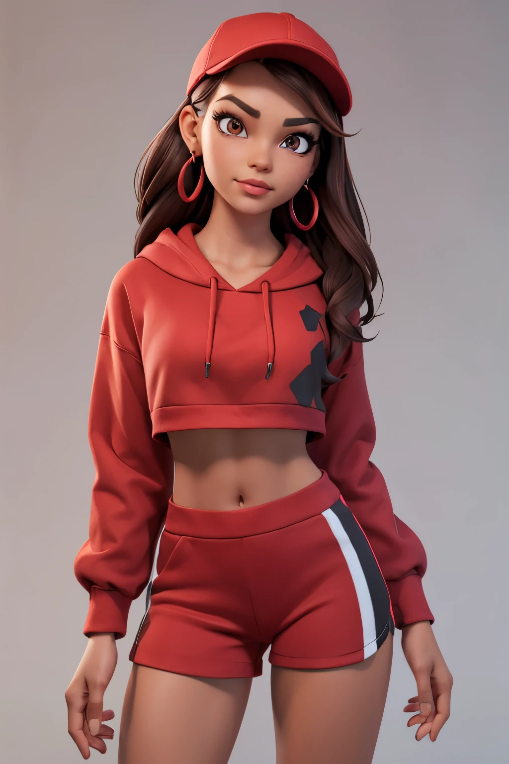 xyzruby, 1girl, brown hair, beautiful, earrings, makeup, vibrant, eyeliner, mascara, 3d render style, looking at viewer, midriff, cropped hoodie, red headwear, red hoodie, panties, no pants, cap, stripe pattern