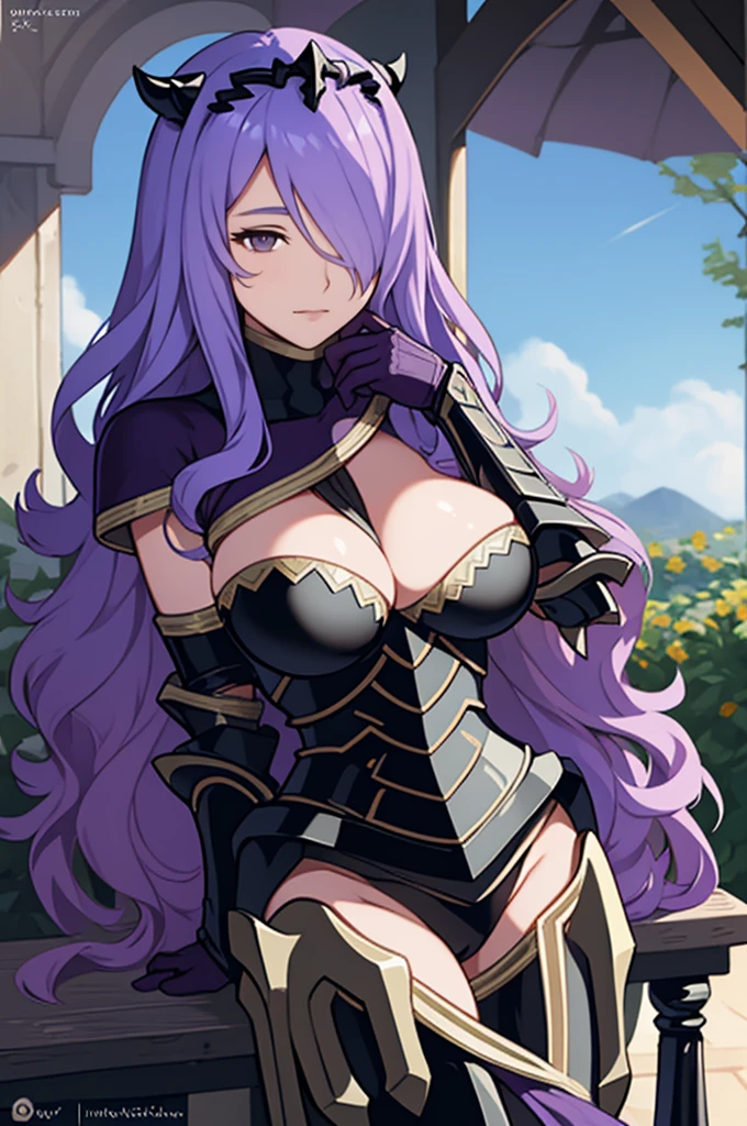 { - anatomy error}(Masterpiece - Ultra-detailed, very high resolution)masterpiece, best quality, defCamilla, tiara, armor, gloves, gauntlets, full armor, whole body, huge breasts extended arm, night, garden, smile, tired, looking at the viewer, lilac hair, dinamic poses