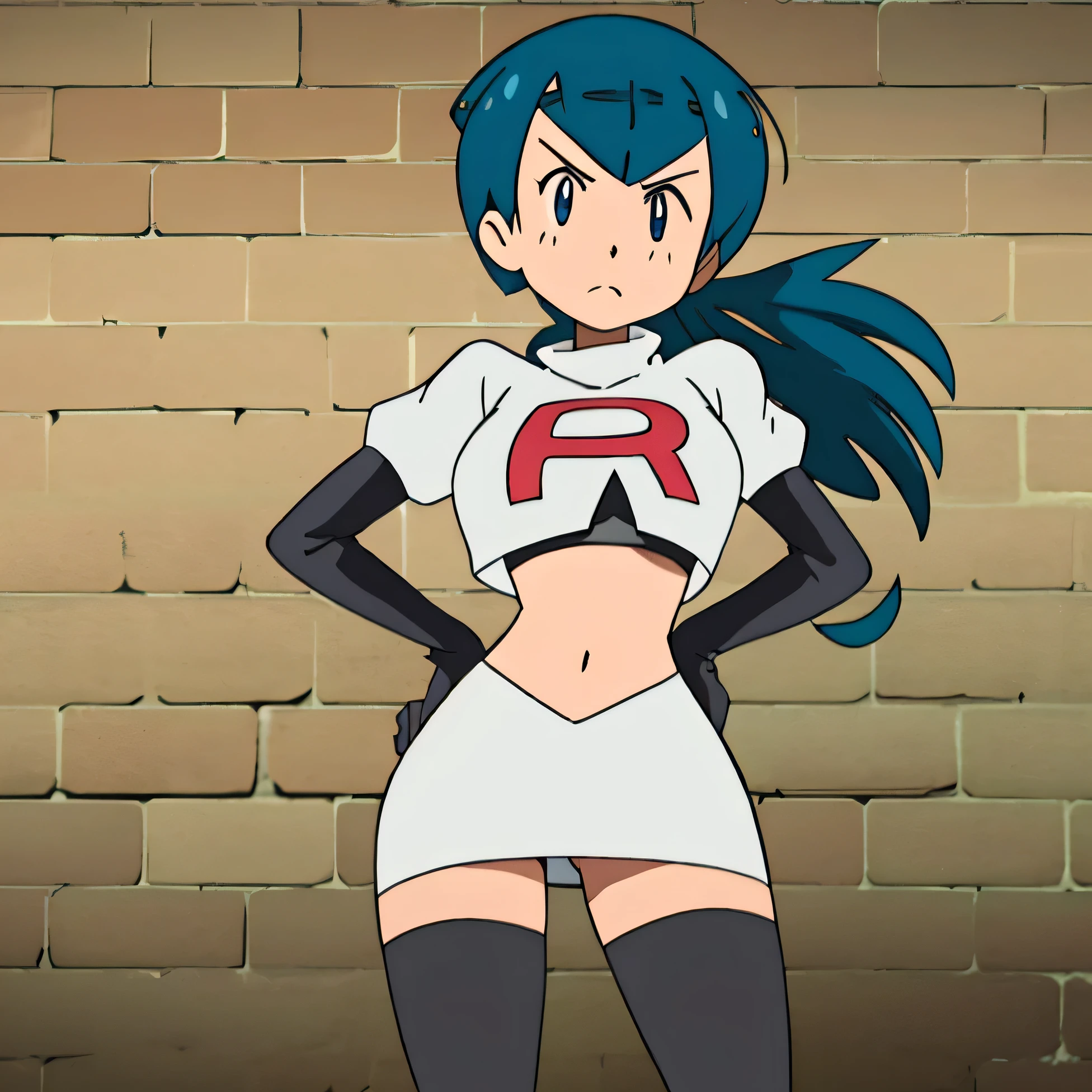 8k, anime screencap,1girl in, (solo:1.1), (perfect body:1.1), (best quality:1.1), very large breast, team rocket uniform, red letter r, white skirt,white crop top,black thigh-high boots, black elbow gloves, glaring angrily, looking down at viewer, hands on hips,zettai ryouiki,cowboy shot