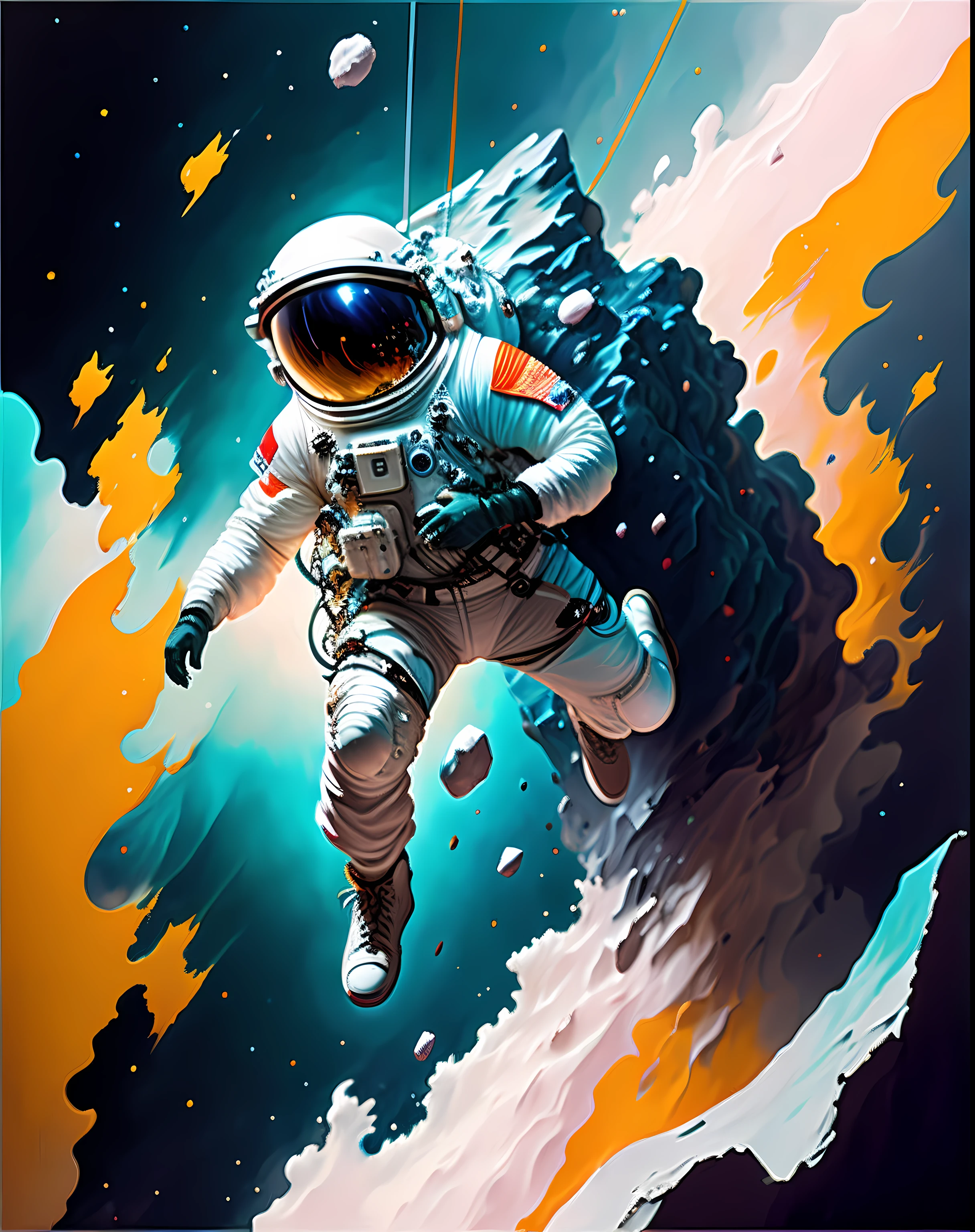astronaut, climbing the asteroid, character render, Super high quality model, ethereal background, The beauty of abstraction, Explosive volume, painting, Blow, paint dripping