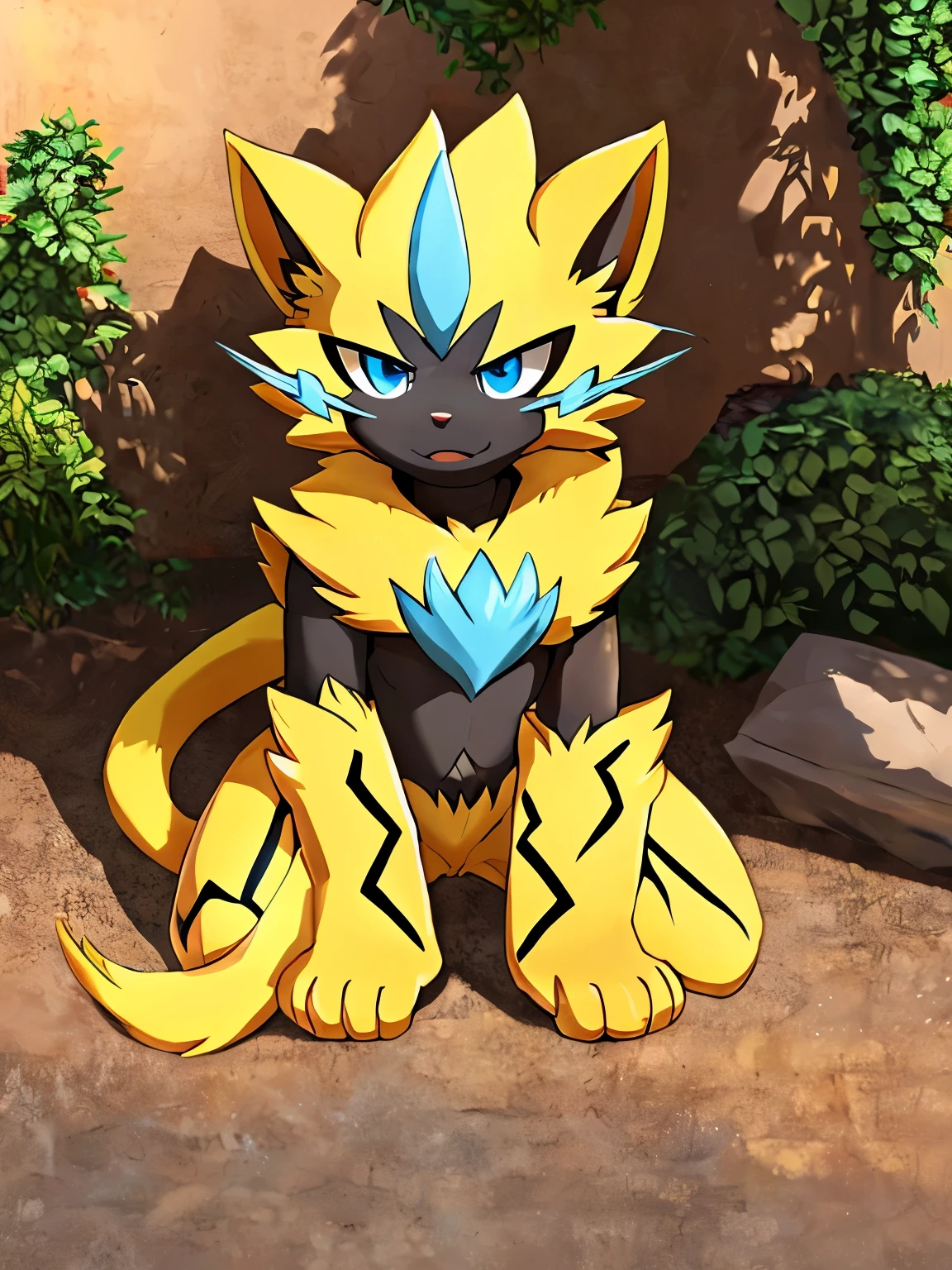 (zeraora),(Zeraora Pokémon),(yellow fur),(blue eyes),((floral park)), (anatomically correct) (Fluffy) (blushing) ((full body)|(best_quality:1.1)|(correct_body:1.3)|(vegetation:1.0)