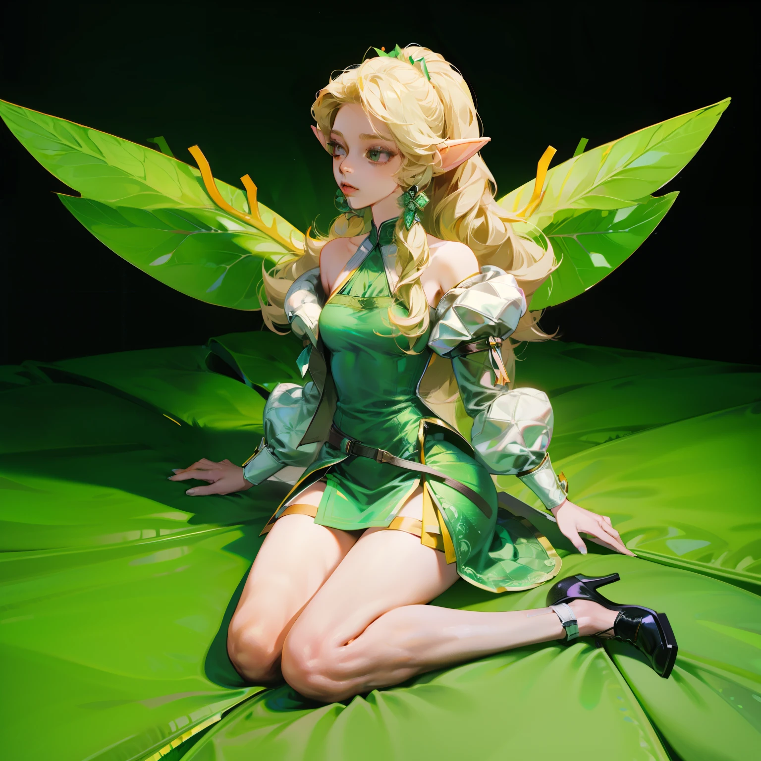 Wearing green and black clothing、Anime girl with wings and green background, Elf character, Fairy, forest Fairy, Insect trainer girl, brunette elf with Fairy wings, Elf, Cute 3D anime girl rendering, April rendering, Fairy dance, sit in the air