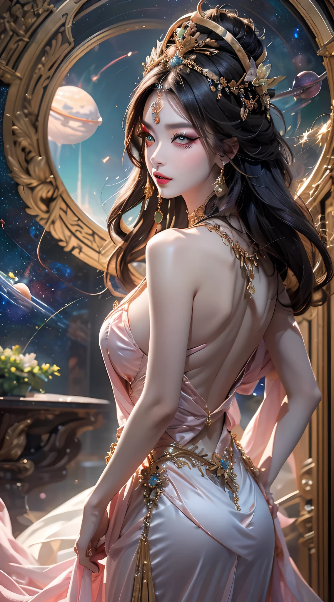 high quality、amount of light、frankness、photograph、High resolution、4K quality、super 8k、best photography、High resolution、best quality、best photography、super cool 8k、8k quality、surreal、1 girl 20 years old、catch light on eyes、one goddess athena、Bewitching、sexy、eros、Pink and purple silk dress、Perfect face goddess Athena、light yellow sexy nightgown、Long and sheer women's saint nightdress with many sexy black lace details、legendary saint、saint icon、Elegant beautiful woman's saintly shine、dark and mysterious version、saint's crown、vermilion lips、beautiful and sexy lips、please don't laugh、please shut your mouth、intricate details、detailed background、very detailed 、(A clean face with no blemishes:1.5)、sacred female body、 (Big round eyes and beautiful detailed makeup: 1.8)、careful makeup、silk nightgown、Mystical makeup、bracelet、bangs and bright blonde hair、cowboy shot、(the saint itself: 1.8)、hanging arms、vivid realistic images、 (The stars that make up the sky: 1.7)、(Entrance to sky and space-time novels: 1.8)、fiction art、RAW photograph、Hanfu photography、Goddess of Photo Art、most faithful color scheme、best photographyの色、masterpiece、hair ornaments、necklace、jewelry、beautiful face、Upper body、effect brand tyndall、actual photo、Dark studio、border light、two tone light、(white-pink skin: 1.4)、(high skin detail: 1.1)、Optical zoom、Shining sparks fly around the saintly woman、digital single lens reflex、soft light 、Bokeh、smooth and sharp、10x pixel up、female sexy god、enchanting goddess、(backspace: 1.8)、(galaxy: 1.7)、 aurora、lightning、(aurora background:1.8)、best eyes、Picture-perfect eyes、beautiful saints and flowers々、Approached the goddess、