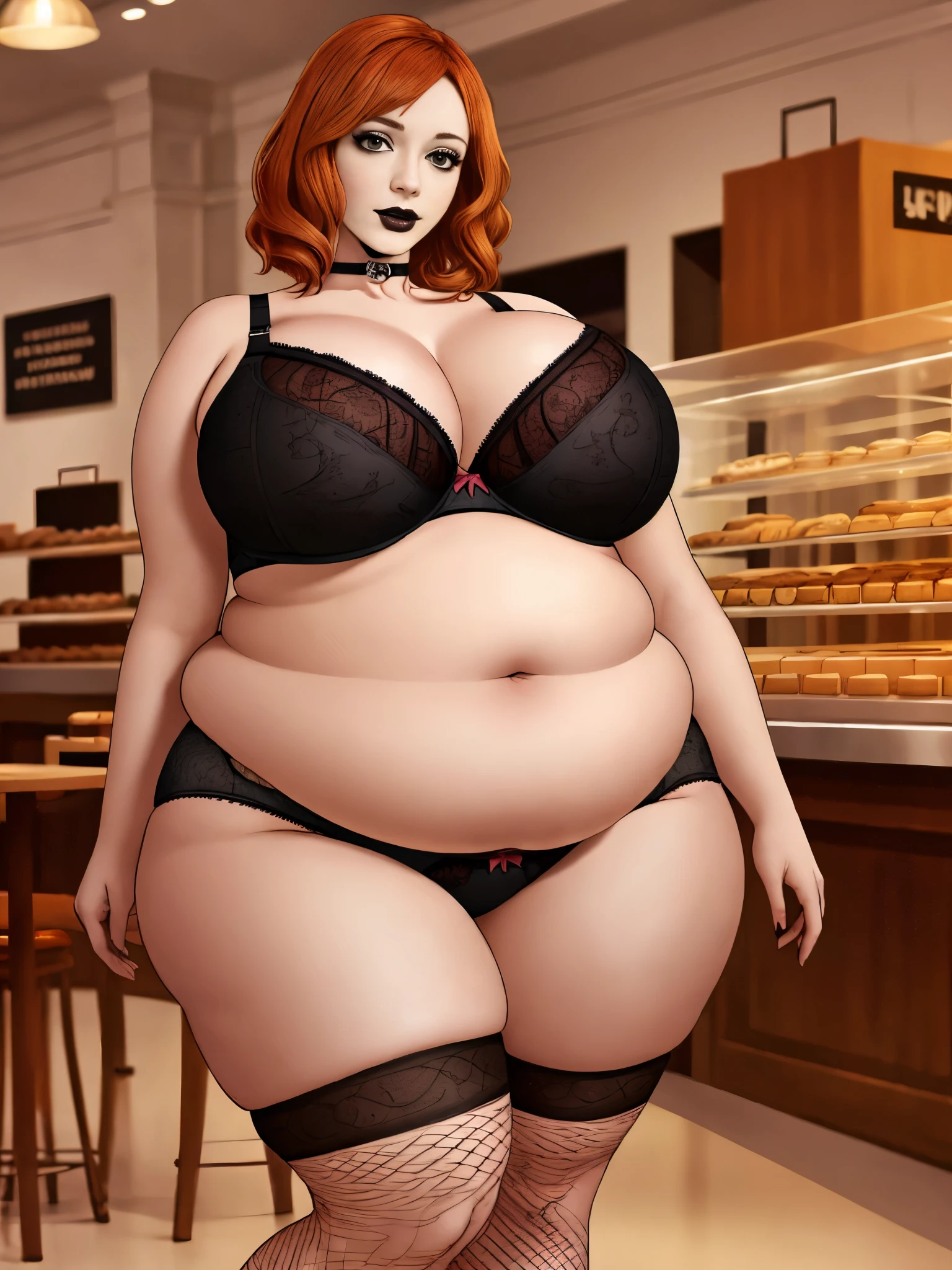 Christina Hendricks, masterpiece quality, realistic, lots of detail, studio lighting, 1girl, solo, alone, (alone:1.9), in a bakery, lots of cake in background, lots of dessert in background, wearing black lipstick, wearing black eyeliner, wearing black lace bra, wearing black lace panties, wearing choker collar, wearing fishnet stockings, big breasts, (big breasts:1.4), fat body, chubby belly, (fat belly:1.3), obese,
