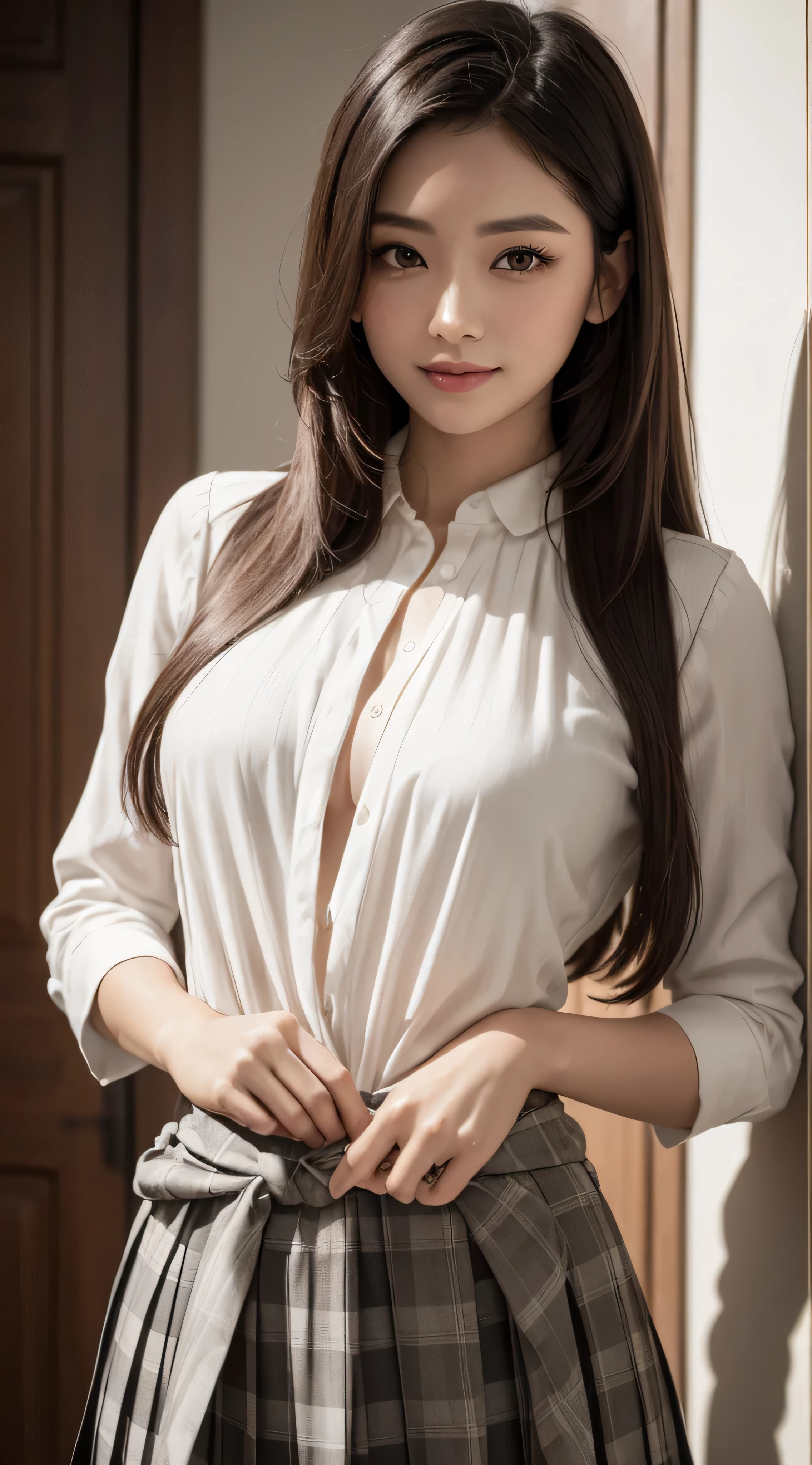 (hyperrealism), (illustration), (high resolution), (8 thousand), (very detailed), (best illustration), (beautiful and delicate eyes), (best quality), (very detailed), (masterpiece), ( wallpaper), (detailed face), alone, 2 girls, facing, brown wavy hair, korean, exotic eyes, Small moles under the eyes, loose white shirt, mini skirt, medium sized breasts, long legs, tight abs,sexy thighs, wet