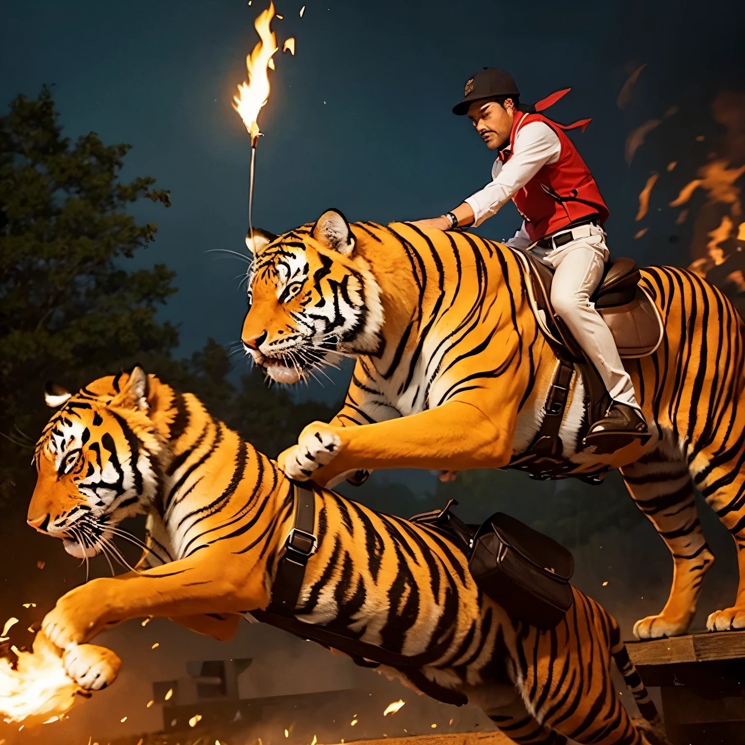 man lighting money on fire while riding a tiger