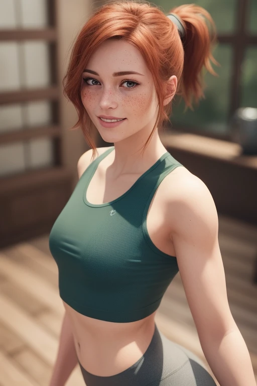 (best quality, ultra-detailed, Ultra-HD, photorealistic, cinematographic), Bree, cinematic realistic portrait, soft portrait shot 8 k, 3d character realistic, 8k portrait render, daz3d, 3d, genesis iray shaders, natural realistic render, 3d character realistic, a photo of a seductive woman, freckles on the face, green eyes, ginger, freckles, green top, small ponytail, leggings pants, round ass, big ass, smiling, tight clothes, fit, body fit, short ponytail, smiling, much freckles in face, sardas nas bochechas, muitas sardas, realistic hybrid of face and body, cinematic realistic portrait, uma jovem ruiva, anime 3d realista, barriga amostra