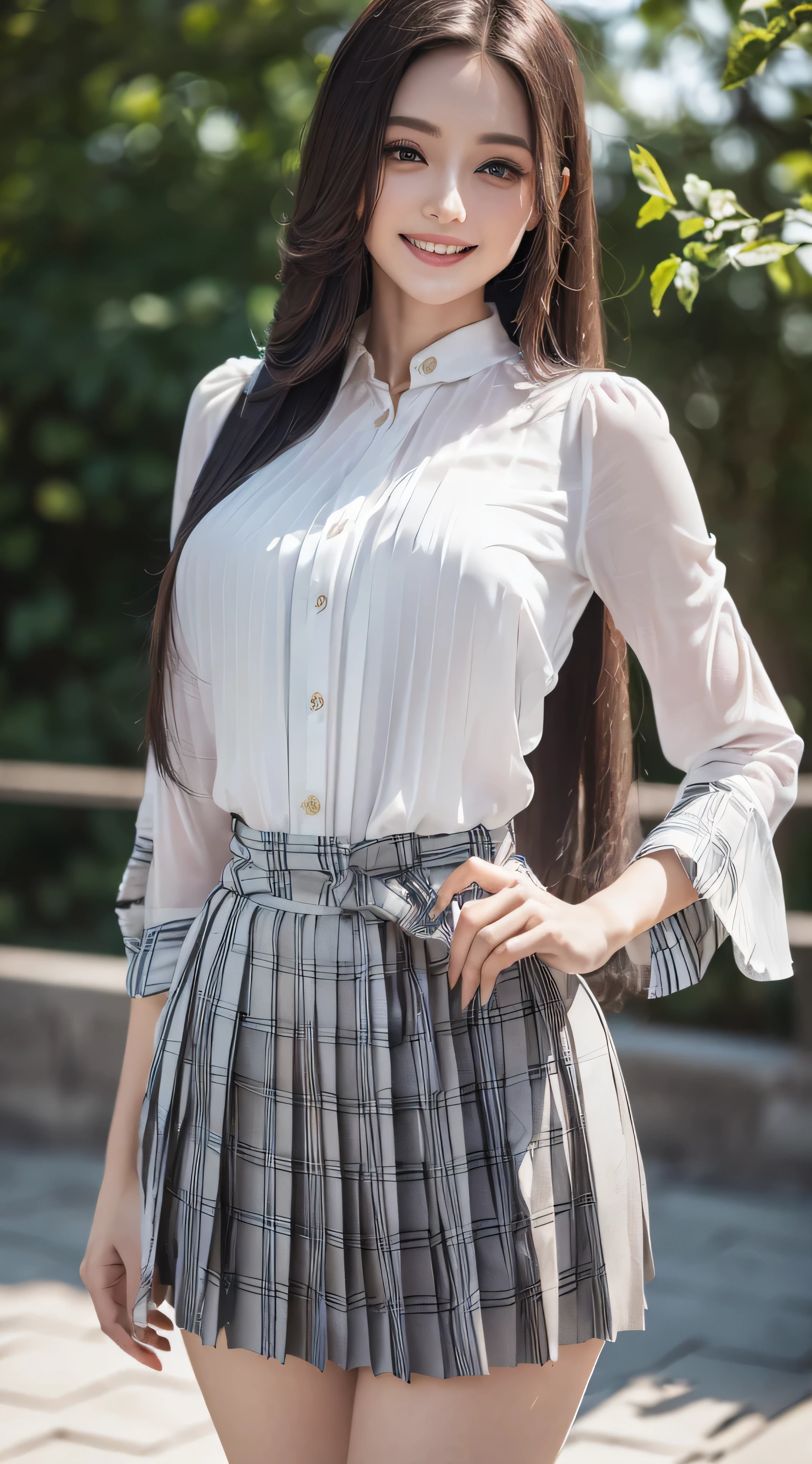 (8k, RAW photo, best quality, masterpiece:1.2), (realistic, photo-realistic:1.37),1girl, green eyes, long hair, ultra detail cloth,((Pleated skirt with many checked folds、White and beautiful blouse:1.3)),((shy smile))、((Long straight hair_Hair reaching down to the waist:1.3))