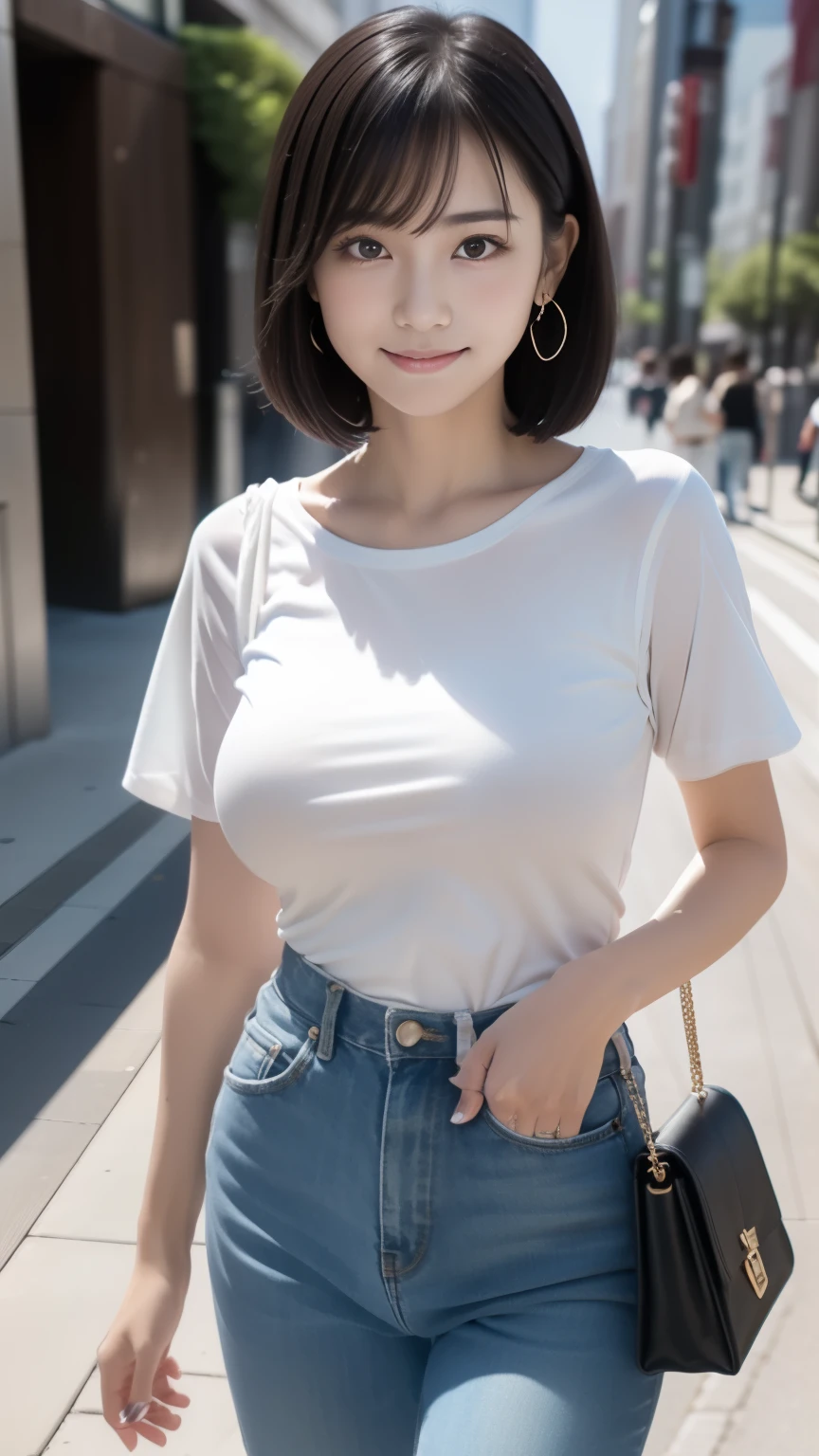(Masterpiece, Best quality, RAW photo, Surrealism, 8k, Super detailed, Super beautiful), 
(Anatomically correct, Perfect human body, Silky skin, Realistic skin, maiko, , Japanese girl, Idle face, Slim waist, Slender legs, Large breast, Baby face, Beautiful and cute face), 
(Round face, Black hair, Moist eyes, Shining eyes, Short bob cut, Bangs, Down-slating eyebrows, one little earring, Light blush), 
(turn the body forward), (Look at the viewer), 
(goddess smile), 
(Foil denim pants, boa jacket, T-shirt, bag, sneakerorning work time, City sidewalk, Tokyo, luxury buildings, large number of passersby), 
Natural lighting, full length, whole body, angle from below