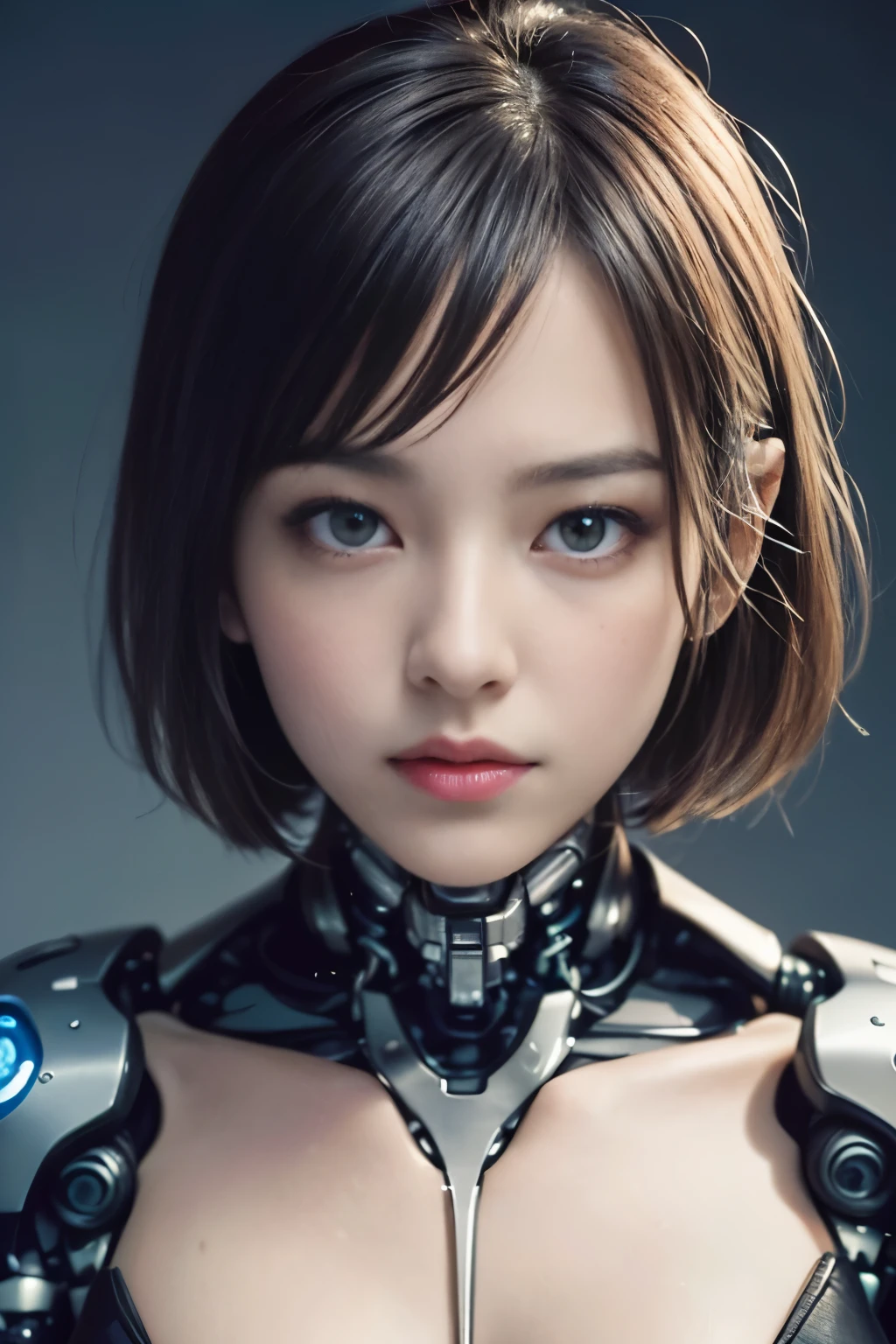 Top Quality, Masterpiece, Ultra High Resolution, (Photorealistic: 1.4), Raw Photo, 1 Girl, Black Hair, Glossy Skin, 1 Mechanical Girl, (Ultra Realistic Detail)), Portrait, Global Illumination, Shadows, Octane Rendering, 8K, Ultra Sharp, Big, Cleavage Exposed Raw Skin, Metal, Intricate Ornament Details, Japan Details, Very intricate details, realistic light, CGSoation trend, purple eyes, glowing eyes, facing the camera, neon details, mechanical limbs, blood vessels connected to the tube, mechanical vertebrae attached to the back, mechanical cervical attachment to the neck, sitting, wires and cables connecting to the head, gundam, small LED lamps,