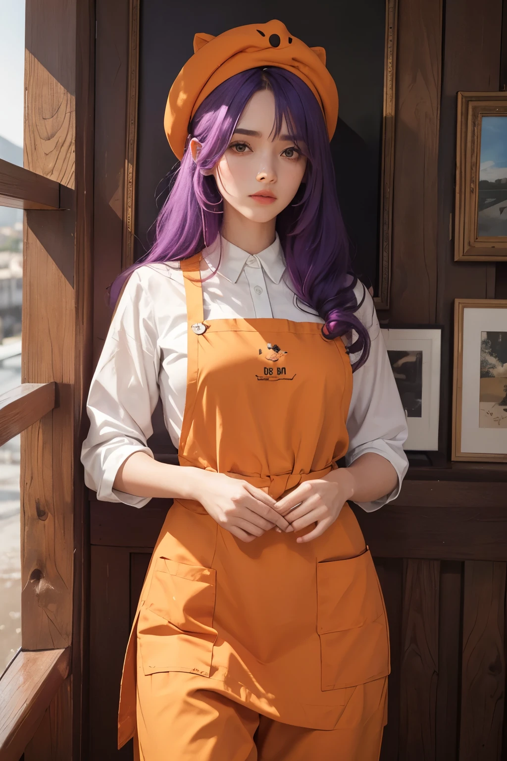 arte conceitual, aerial angle of a will-o&#39;-the-wisp, wearing deep orange emerald somali funny apron, Cabelo caramelo estilizado como cabelo curto, Fluorescent Purple Hair Tie, equirretangular 360, high resolution,  [(arte de Willi Baumeister:1.1), (arte de John T. Maiores:1.2)::17], arte oficial, papel de parede da unidade 8k, ultra detalhado, aesthetics, obra de arte, melhor qualidade, fotorrealista
