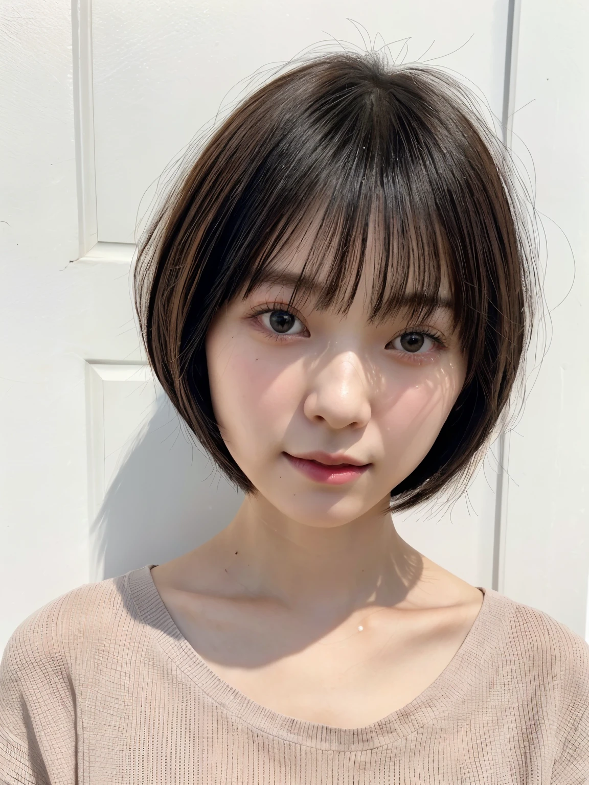 table top、japanese woman、RAW photo (30 year old girl),Black long sleeve dress,realistic skin, (high detail skin:1.2),Taken in front of the white door,spring colors,realistic, film grain,bright colors,beautiful face,soft natural light、short hair、bob cut、bob hair、A hairstyle where the ends of the hair are curled outwards