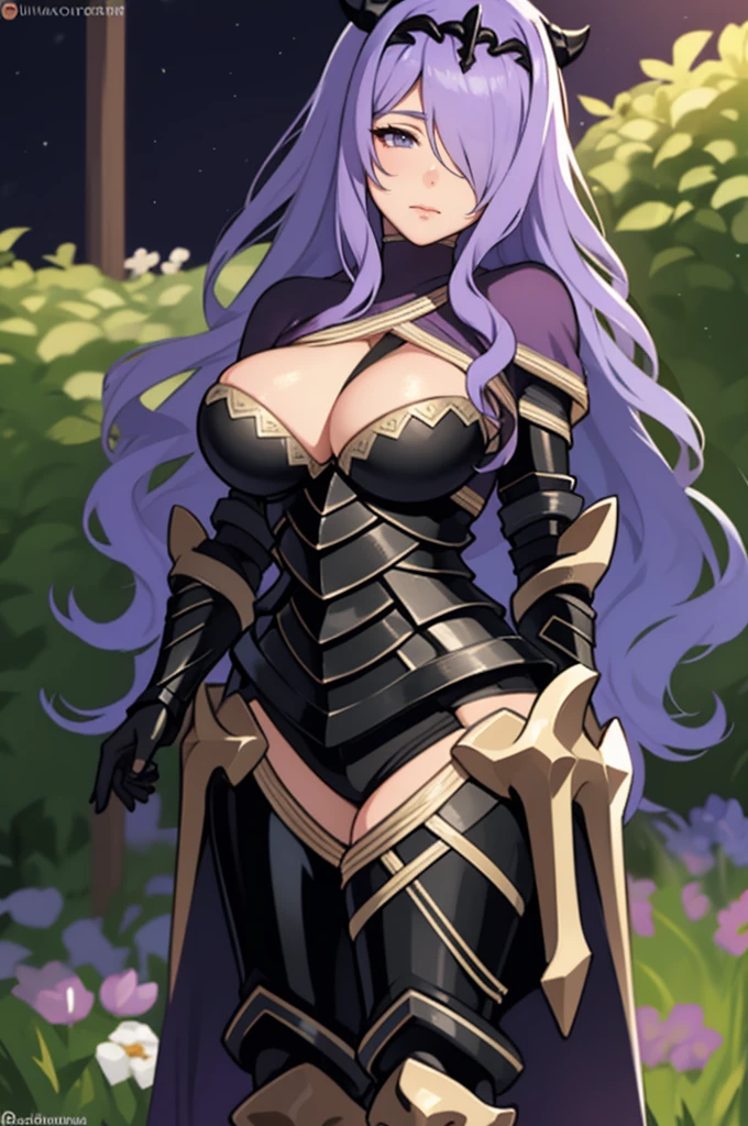 { - anatomy error}(Masterpiece - Ultra-detailed, very high resolution)masterpiece, best quality, defCamilla, tiara, armor, gloves, gauntlets, full armor, whole body, huge breasts extended arm, night, garden, smile, tired, looking at the viewer, lilac hair, dinamic poses