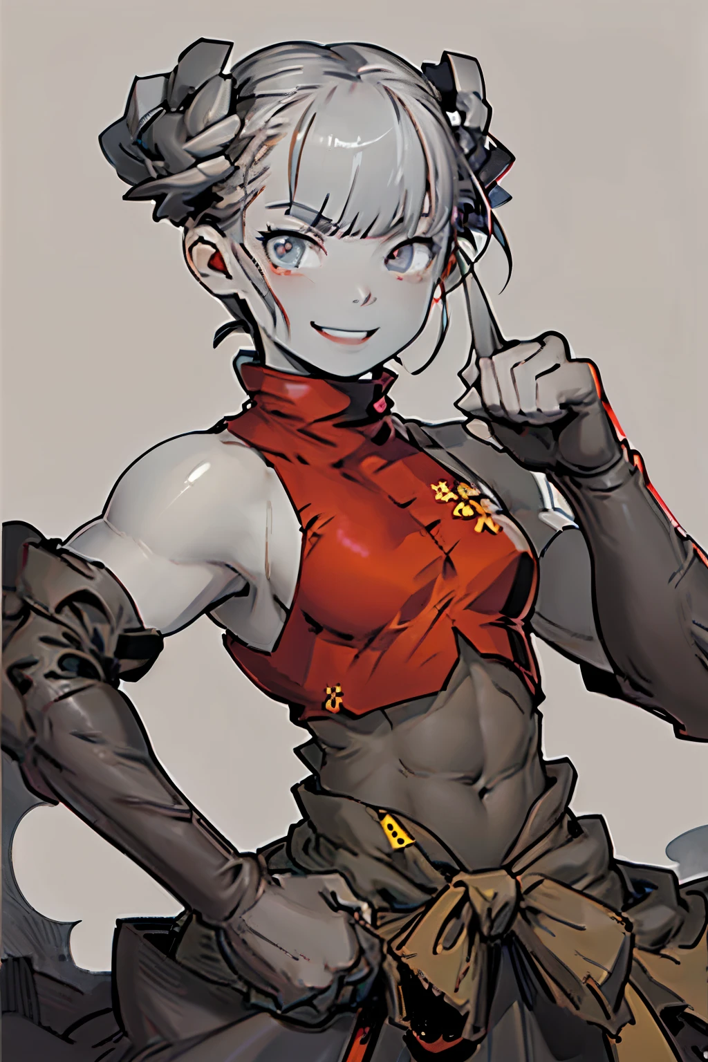 upper_body, anime, monk2, female, ((square face shape)), ((wide face)), short girl, (((((gray skin))))), smile, short hair ((((white hair)))), black chinese robes, black chinese dress, dress like Chunli, looking at viewer, elbow gloves, black gloves, gauntlets, belt, collarbone, bodysuit, greaves, mono color background, dull eyes, blind girl, best quality, best eyes, muscular, wide body