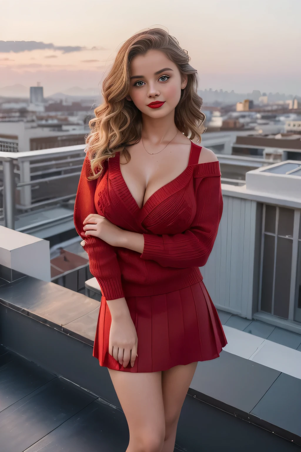 (Please generate an image of a young woman christmas shopping in Dublin. She's dressed in a red dress, accessorized with a triangular pendant necklace. In her hands are two christmas shopping bags as she enjoys the bustling city ambiance. The background features dundrum shopping centre. She has wavy red hair, big, blue eyes, and a subtle, natural makeup look. The selfie should show her without visible makeup, and she should be looking directly into the camera. The face should appear realistically natural. The full-body shot of this attractive woman should feature a striking pose, and she has piercing blue eyes. The girl has a sweet demeanor, and the pose so be should sweet. Please ensure that the entire body of the woman is visible in the image. The details of the image should be of high quality(best quality)), ((masterpiece)), (detailed), perfect face