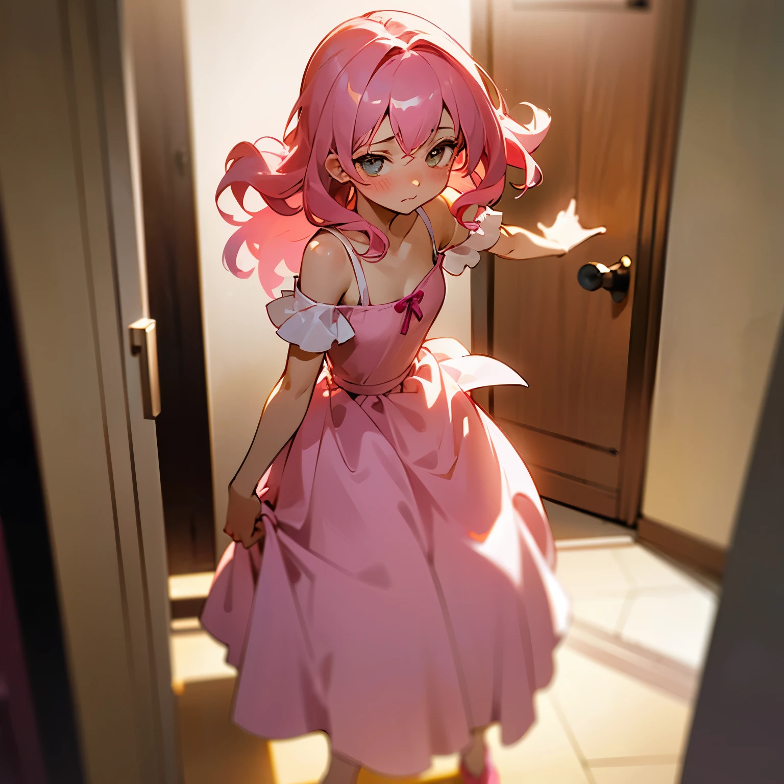 Cute pink hair: A young girl with long, curly pink locks that cascade down her shoulders and frame her face, creating an irresistibly adorable appearance.
One girl in a cute dress: A figure clad in a floral sundress, its soft colors dancing in the dappled sunlight, exposing her delicate arms and shins, adding to her charming allure.
One girl takes to the bathroom: A shy ager hesitantly approaches the bathroom door, looking around to ensure no one is present before entering.
Look away: Award-winning, cinematic lighting bathes the scene in breathtaking detail as a blushing girl discreetly looks