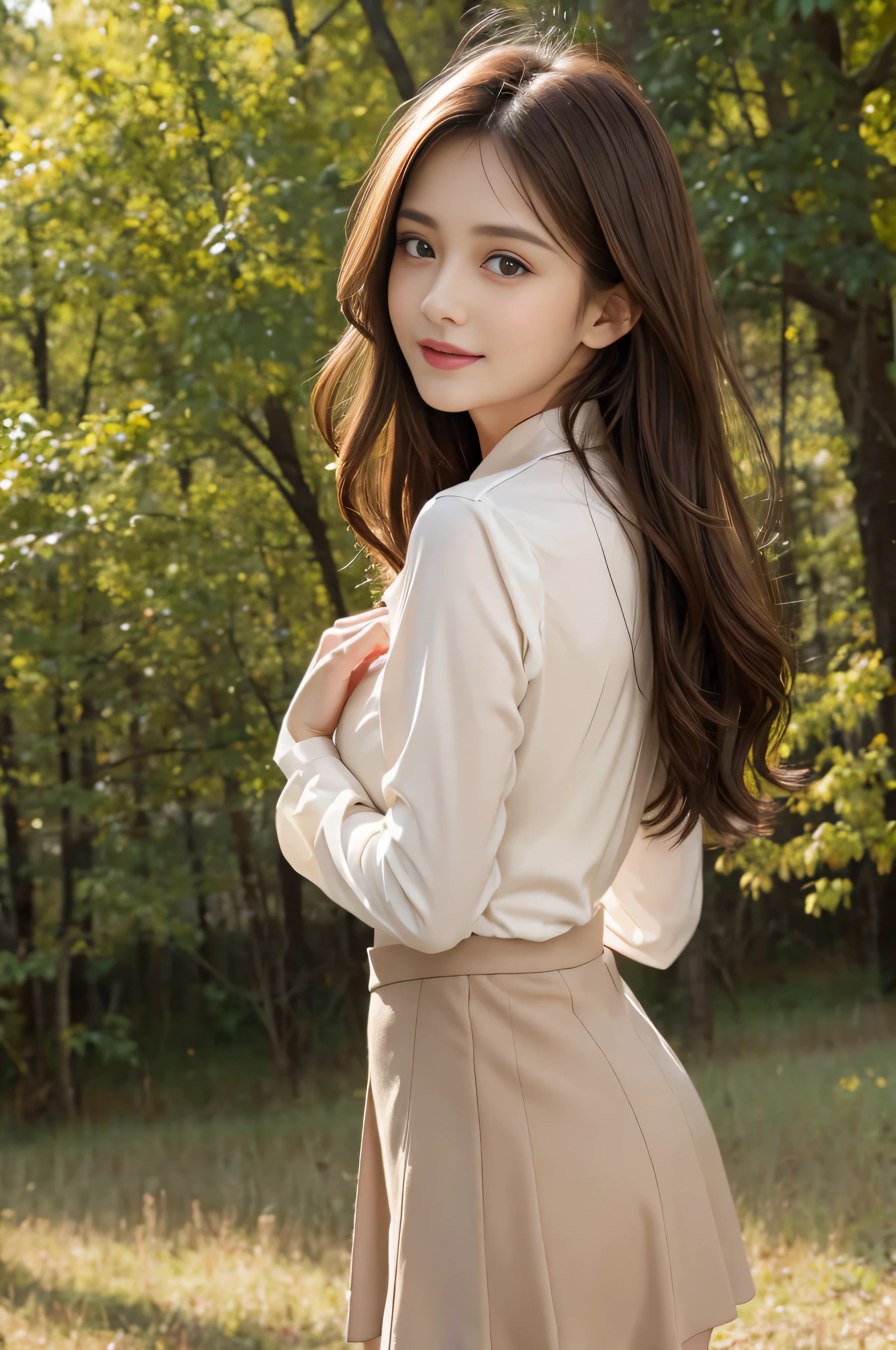 Bread chira、whole body、field, best quality, Realistic, super detailed, down to the last detail, High resolution, 4k wallpaper, Beautiful woman,, light brown hair, wore a suit, perfect dynamic composition, beautiful and delicate eyes, delicate hair, Round face model body type、mini skirt、drooping eyes,shy smile,in woods