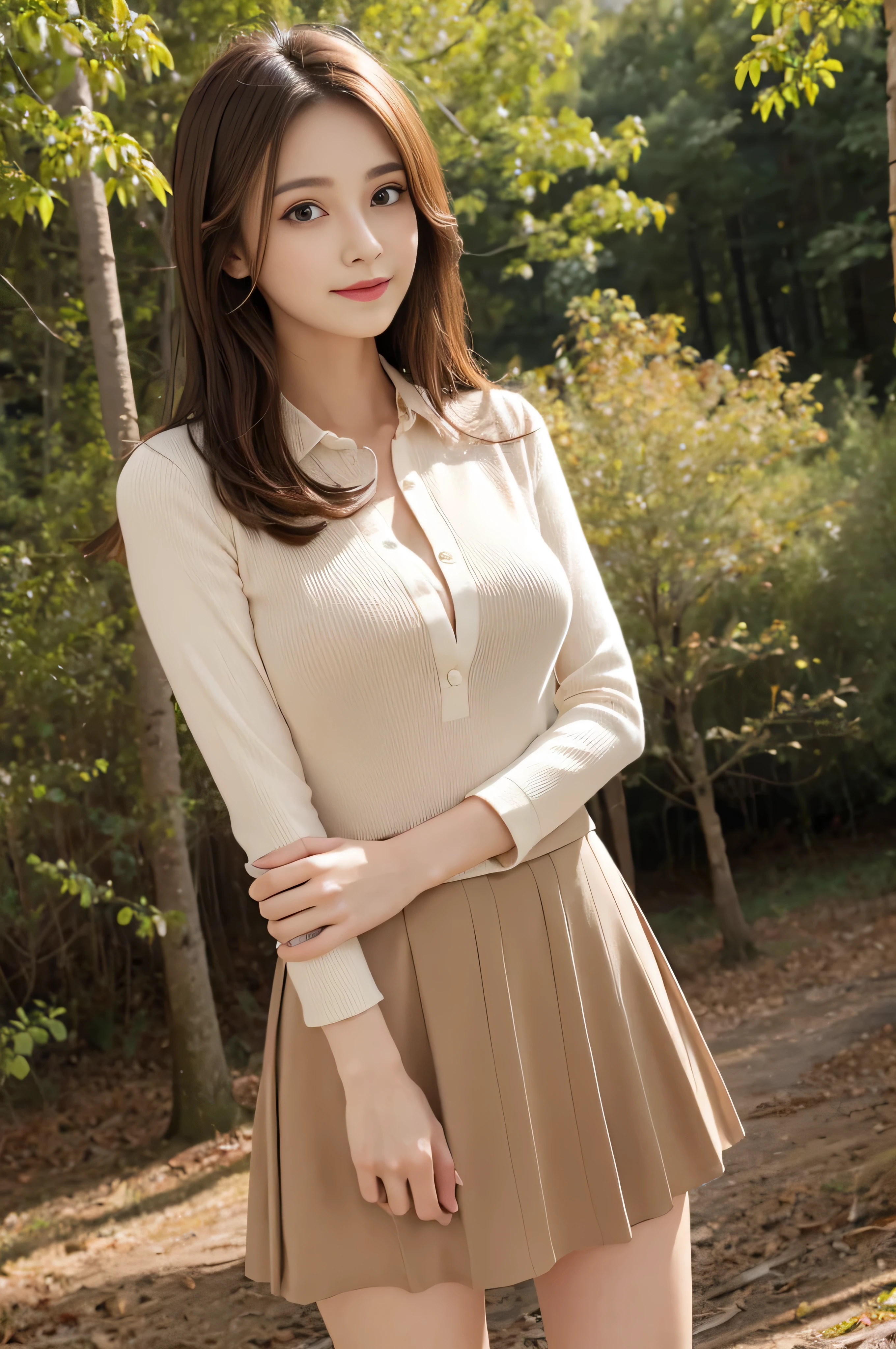 Bread chira、whole body、field, best quality, Realistic, super detailed, down to the last detail, High resolution, 4k wallpaper, Beautiful woman,, light brown hair, wore a suit, perfect dynamic composition, beautiful and delicate eyes, delicate hair, Round face model body type、mini skirt、drooping eyes,shy smile,in woods