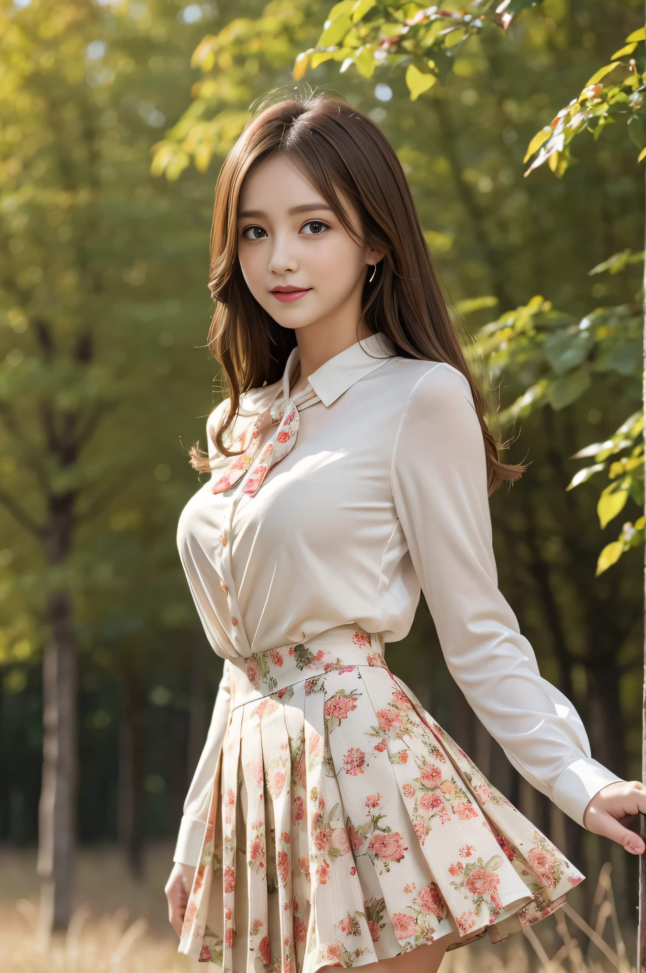 Bread chira、whole body、field, best quality, Realistic, super detailed, down to the last detail, High resolution, 4k wallpaper, Beautiful woman,, light brown hair, wore a suit, perfect dynamic composition, beautiful and delicate eyes, delicate hair, Round face model body type、mini skirt、drooping eyes,shy smile,in woods,Floral blouse、Blouse with ribbon、Flashy orange and white printed dress, Pleated skirt with many checked folds、