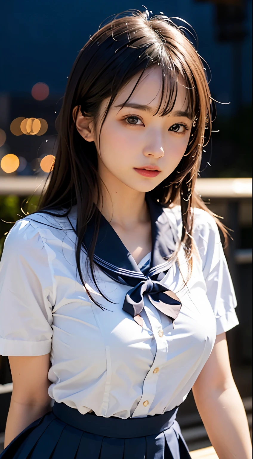 (table top, highest quality:1.4), beautiful face, 8k, 85mm, absurd, (school uniform:1.4), Show the whole body, Angle from the side、show your shoulders,cleavage of the breast、towards the camera、 violaces, gardenia, delicate girl, alone, night, looking at the viewer, film grain, chromatic aberration, sharp focus, face light, professional lighting, Sophisticated, (smile:0.4), cleavage, (simple background, background bokeh:1.2), details face、huge breasts
