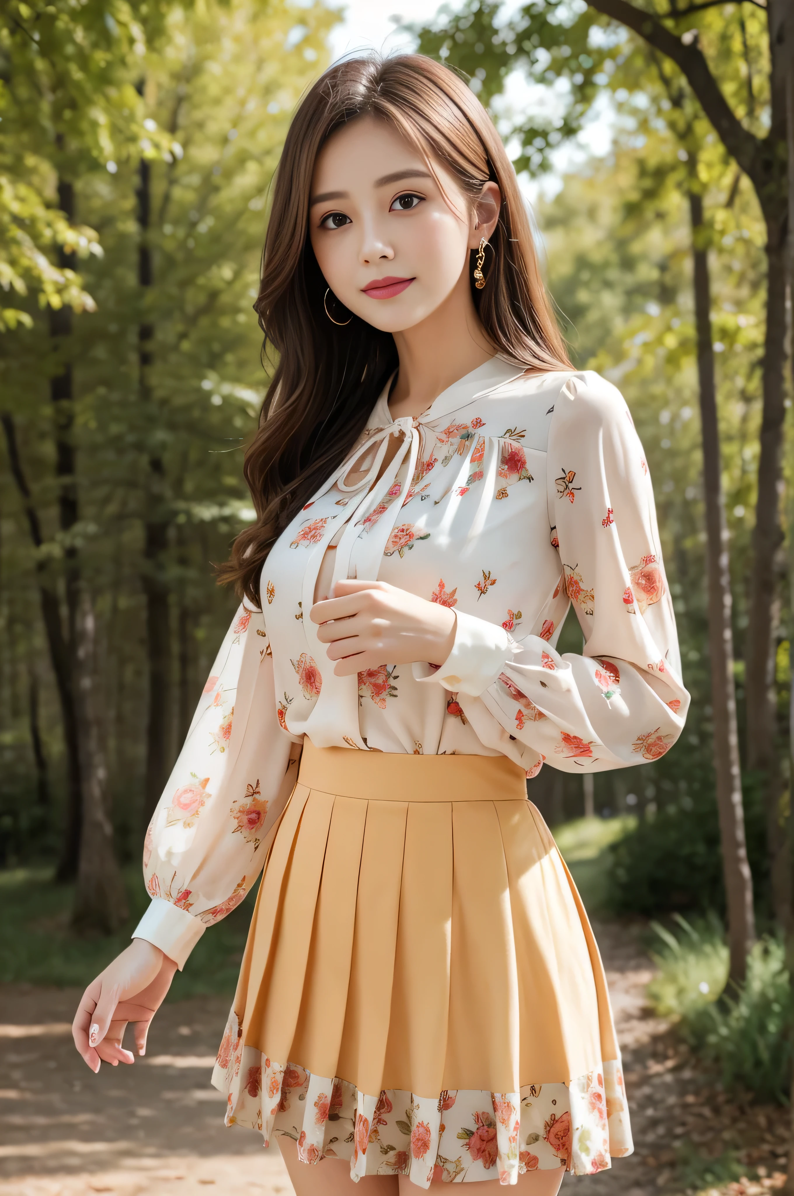 Bread chira、whole body、field, best quality, Realistic, super detailed, down to the last detail, High resolution, 4k wallpaper, Beautiful woman,, light brown hair, wore a suit, perfect dynamic composition, beautiful and delicate eyes, delicate hair, Round face model body type、mini skirt、drooping eyes,shy smile,in woods,Floral blouse、Blouse with ribbon、Flashy orange and white printed dress, Pleated skirt with many checked folds、