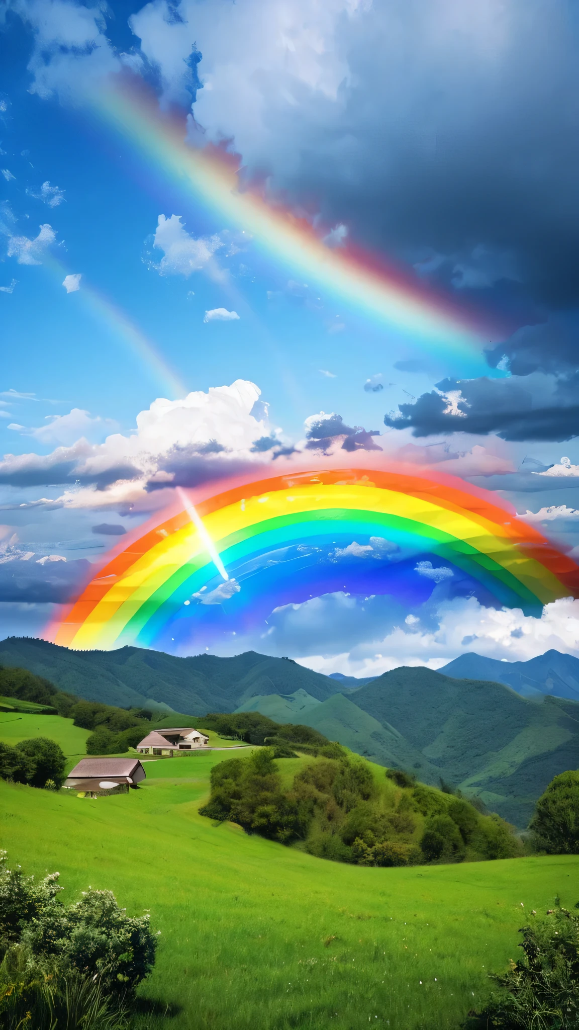 A rainbow after the rain in the sky where there are no humans。。draw only landscapes。I don't draw people