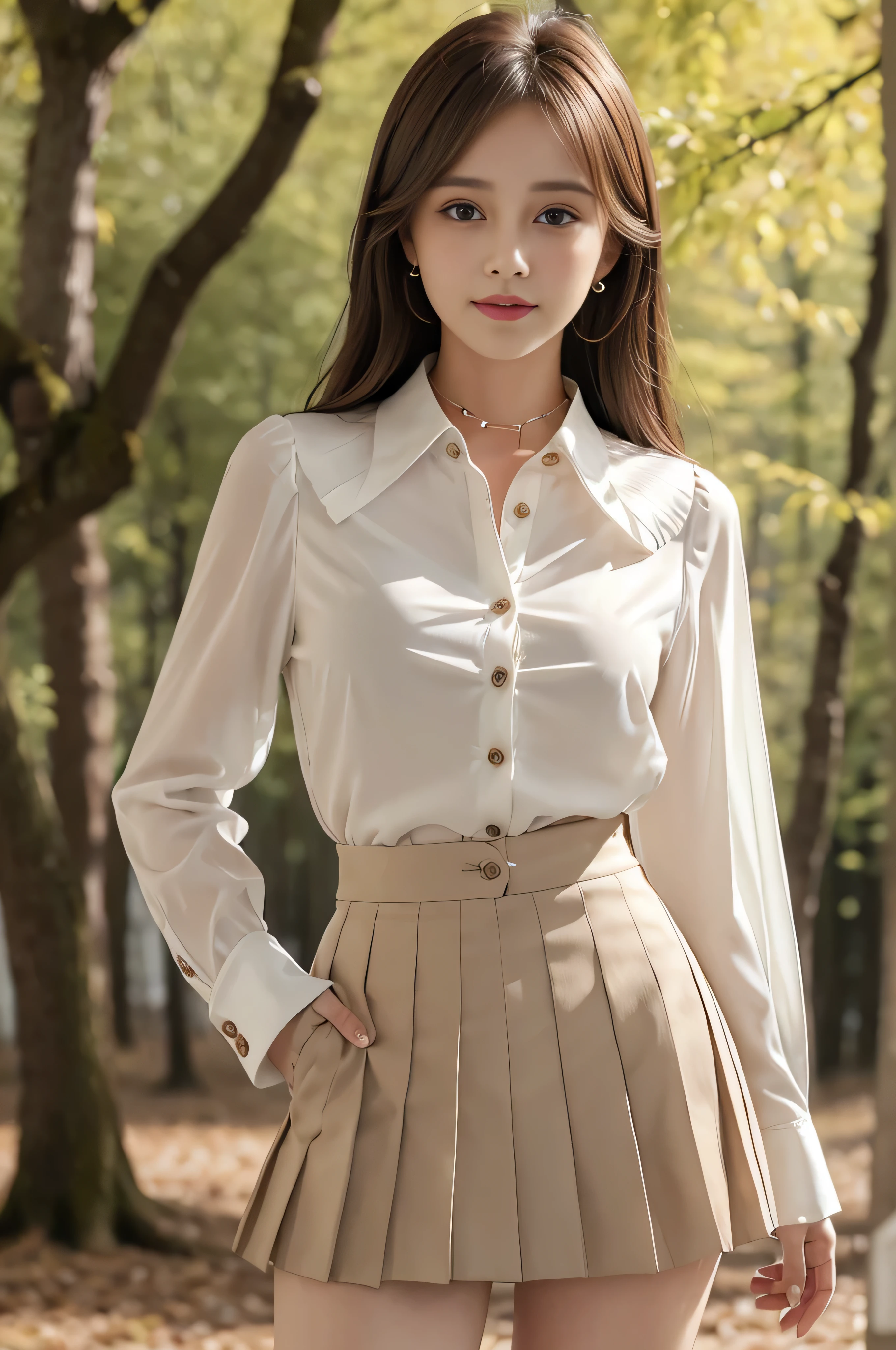 Bread chira、whole body、field, best quality, Realistic, super detailed, down to the last detail, High resolution, 4k wallpaper, Beautiful woman,, light brown hair, wore a suit, perfect dynamic composition, beautiful and delicate eyes, delicate hair, Round face model body type、mini skirt、drooping eyes,shy smile,in woods,((white long sleeve button up blouse_with collar_Remove up to the second button_brown pleated mini skirt:1.3)),